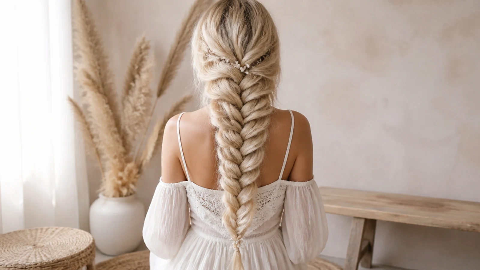 Long mermaid braid on fine blonde hair pancaked wide with texture spray for grip
