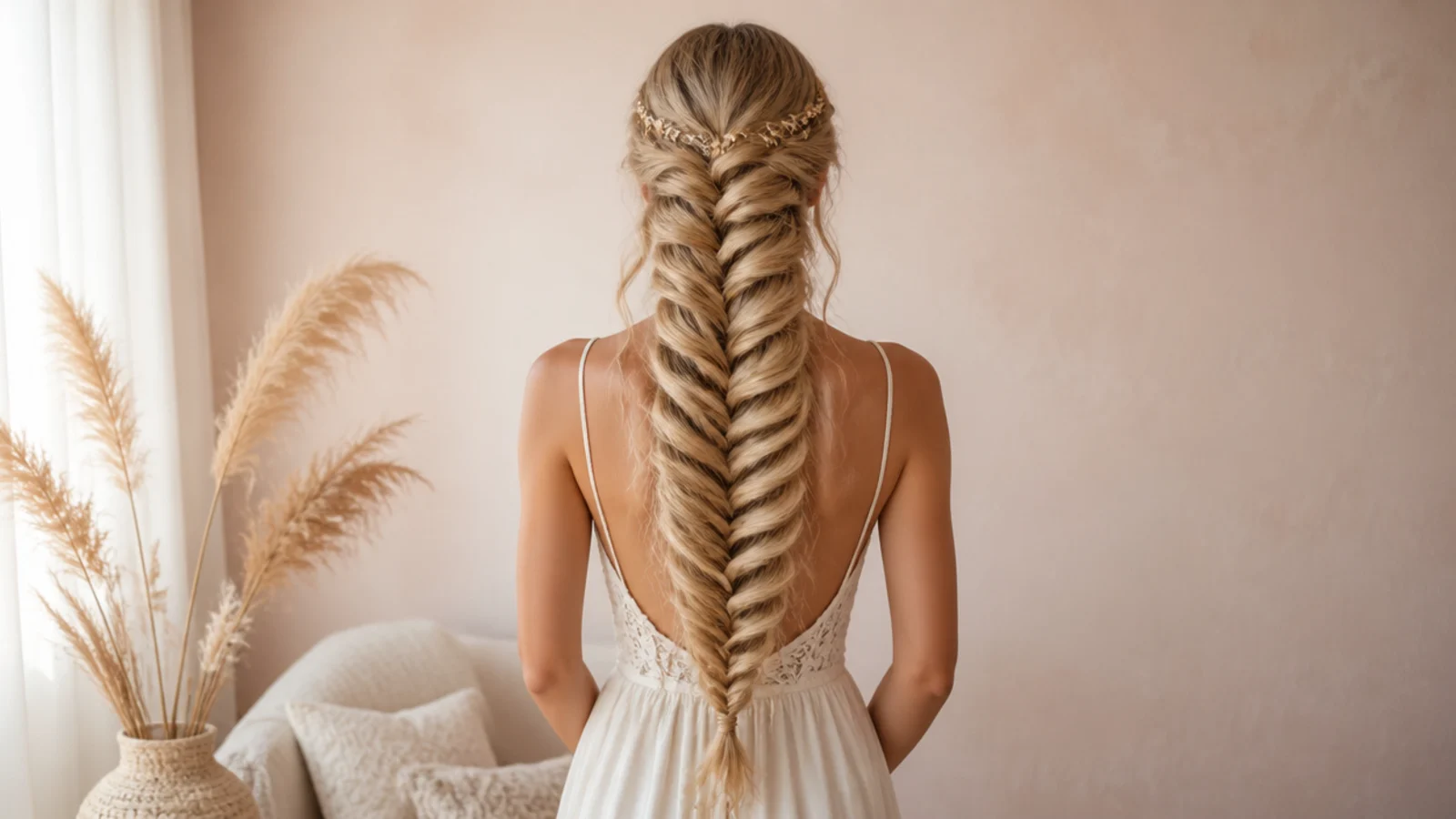 Waist length mermaid braid pancaked wide so it fans out like a fish tail down the back
