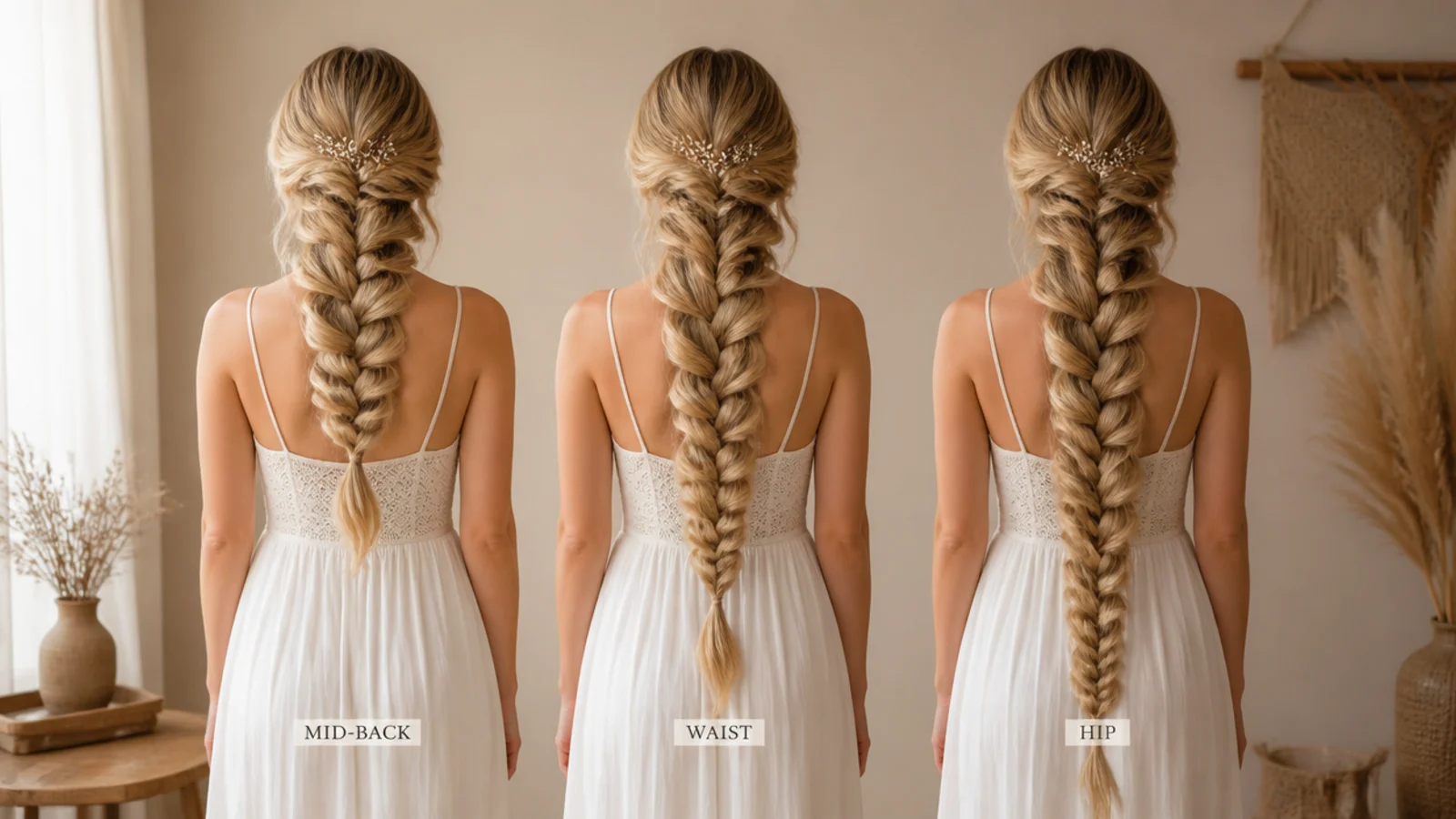 Three long mermaid braids compared at mid-back, waist and hip length on the same model