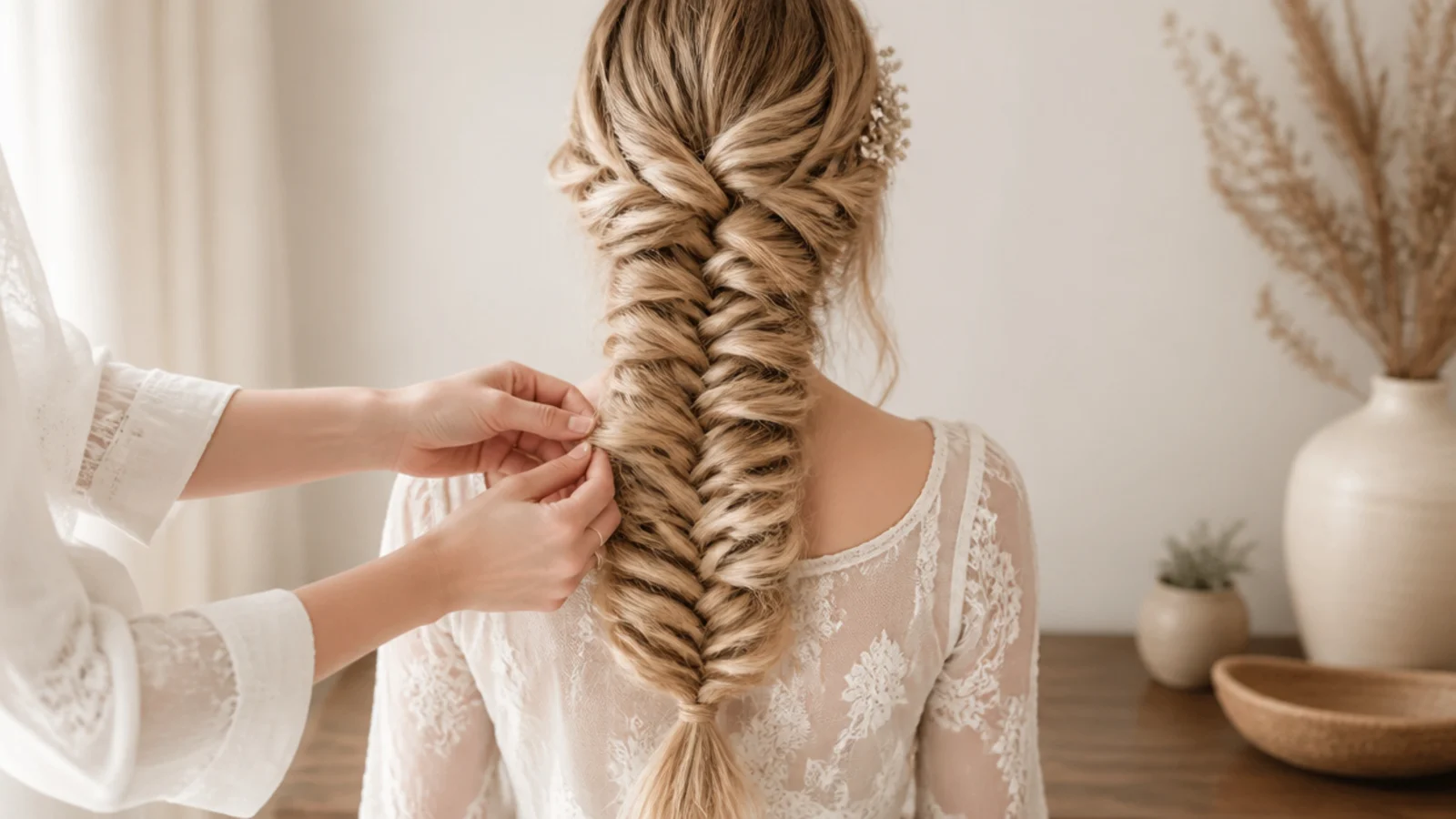 Fingers tugging the outer edge of a fishtail crossover to pancake a long mermaid braid
