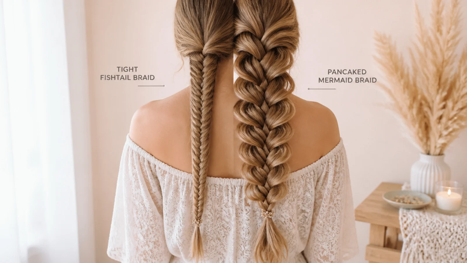 Side by side of a tight long fishtail braid and a pancaked long mermaid braid fanned wide