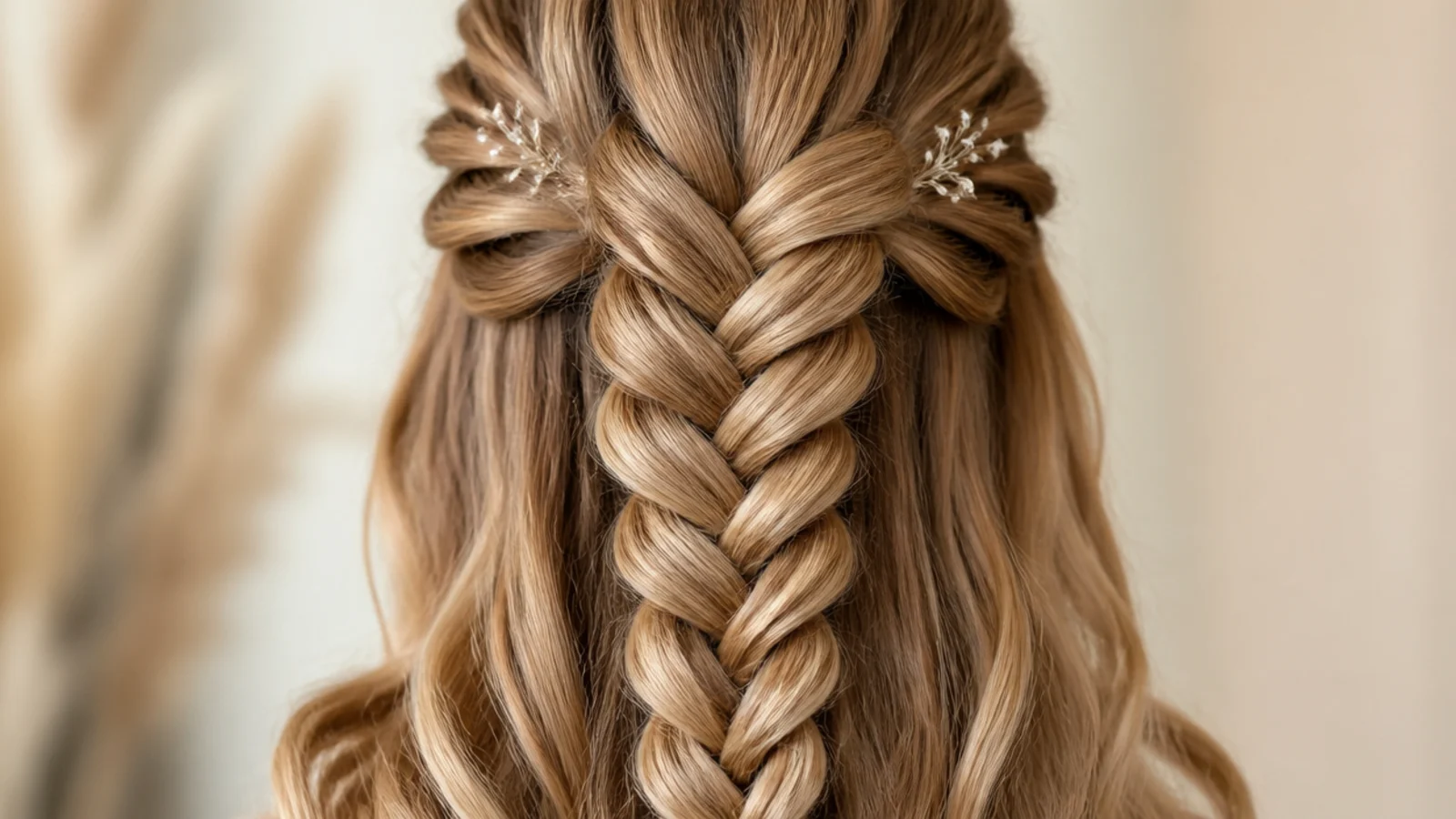 Half up mermaid braid across the crown with loose curls hanging free underneath