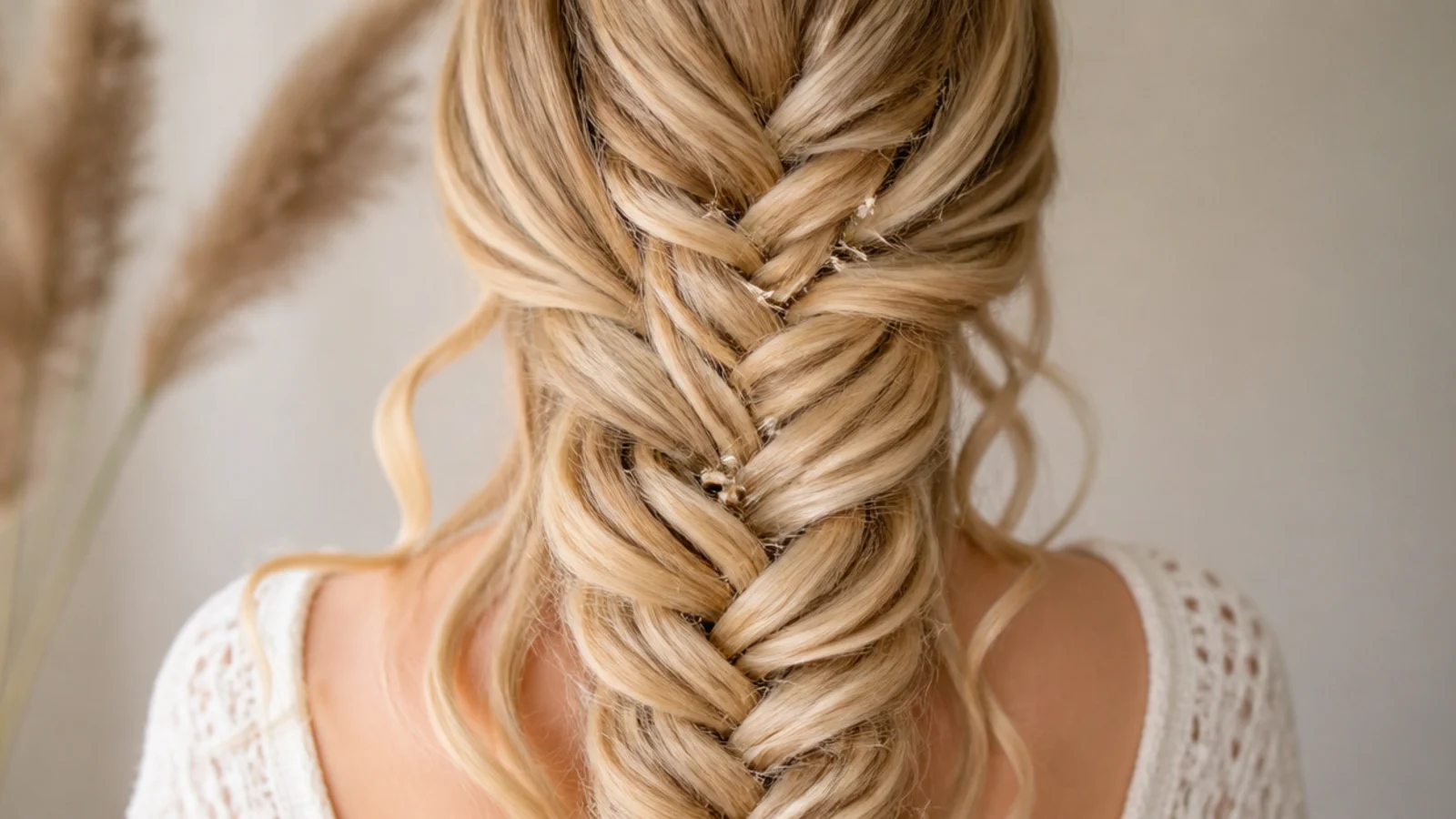Deep side part mermaid braid over one shoulder on fine blonde hair with loose curls