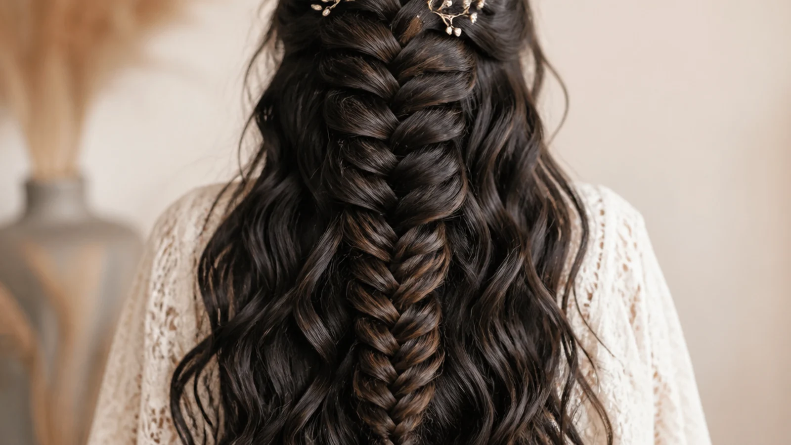 Waist length mermaid braid fanning very wide over soft barrel curls on dark hair
