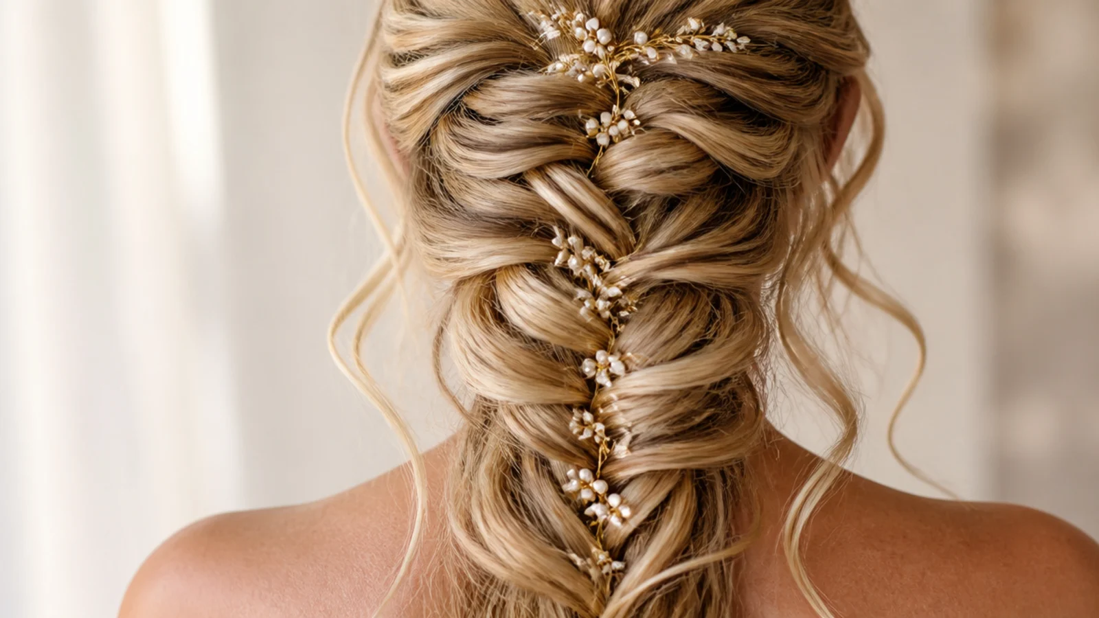 Loose boho mermaid braid with curled face framing pieces pulled out at the temples