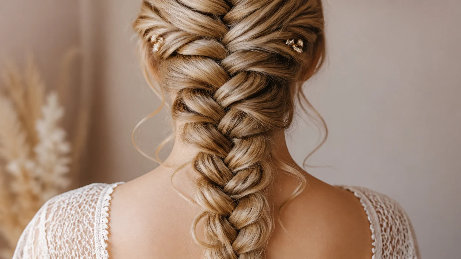 Mermaid braid with short curled tendrils deliberately released at the nape of the neck