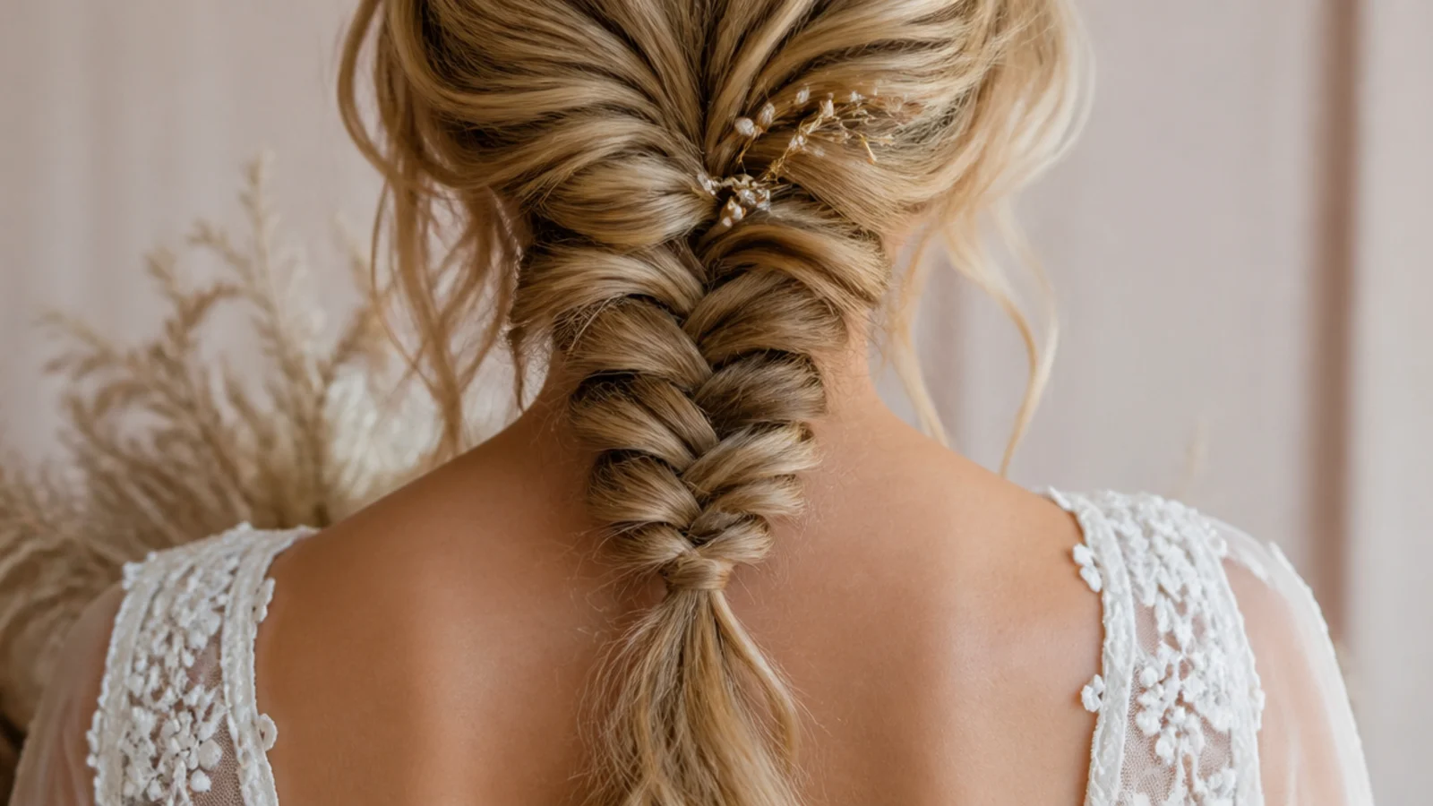 Low mermaid braid sitting at the nape built on soft second day curls with visible texture