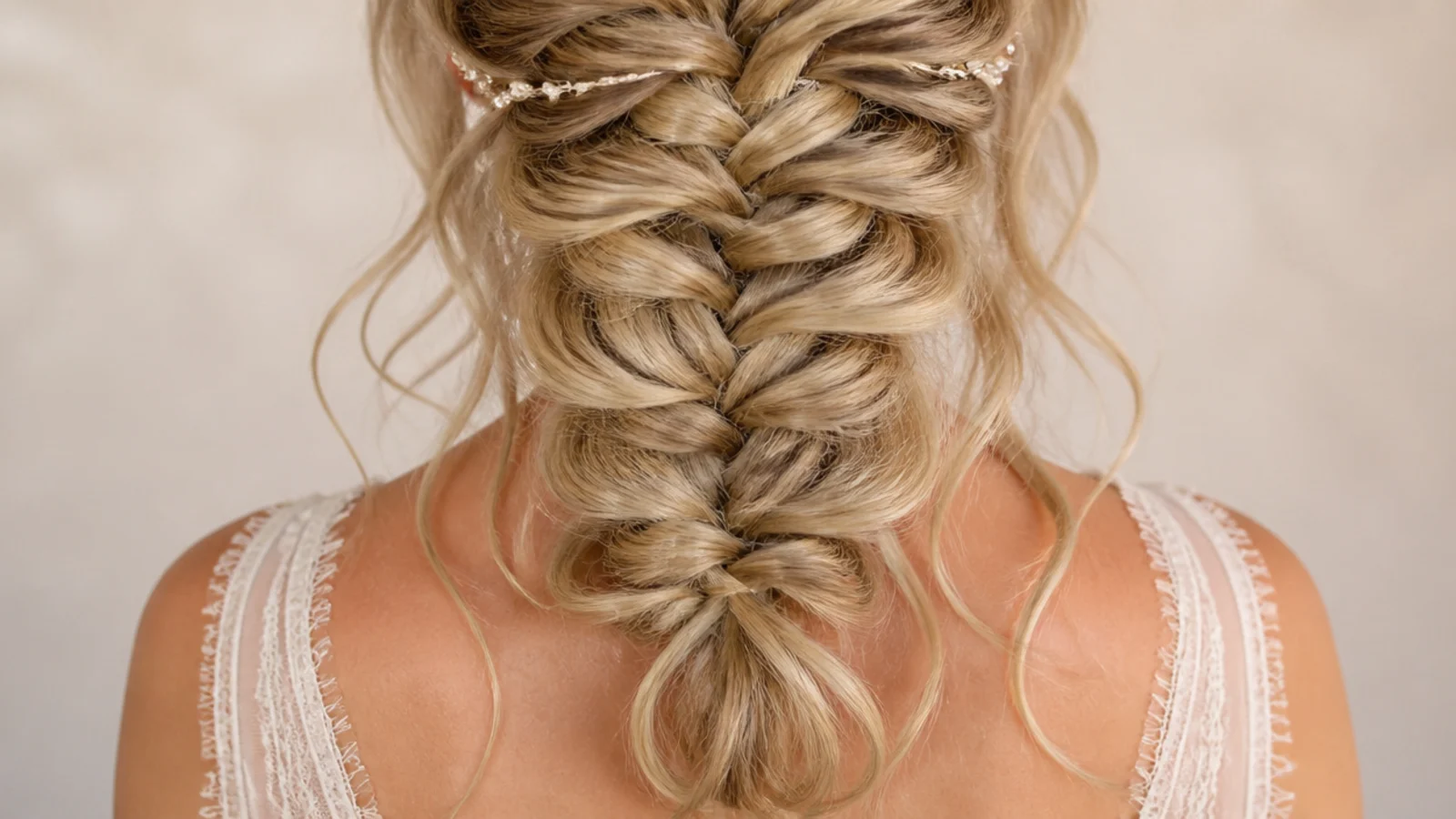 Shoulder length mermaid braid with loose curls showing a short but wide fanned braid