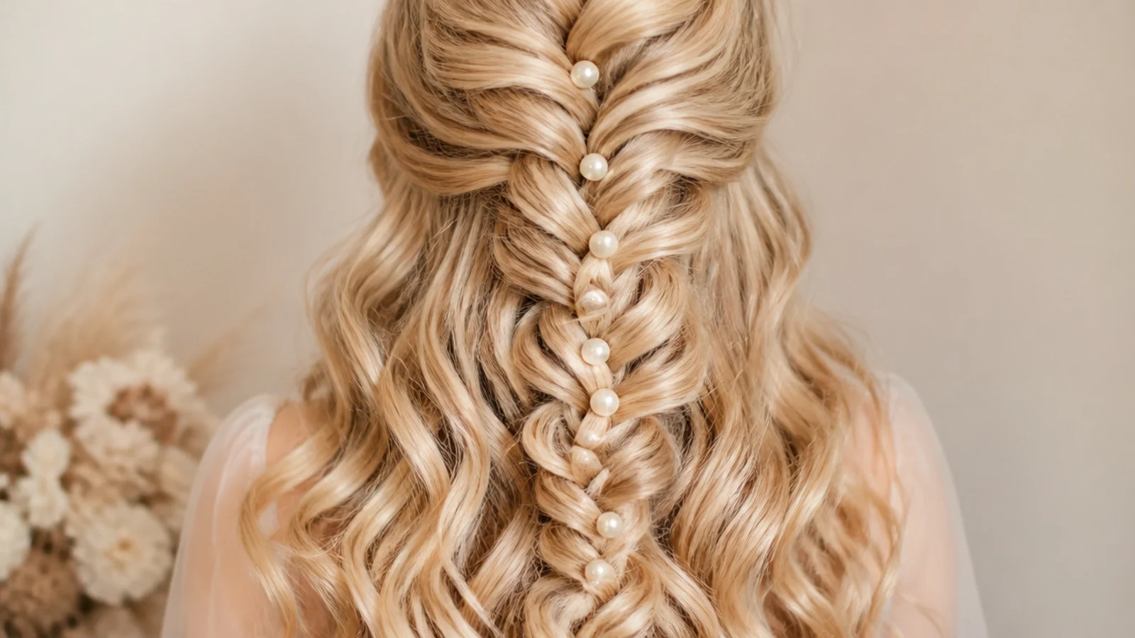 Polished bridal mermaid braid over glossy uniform Hollywood style curls with pearl pins