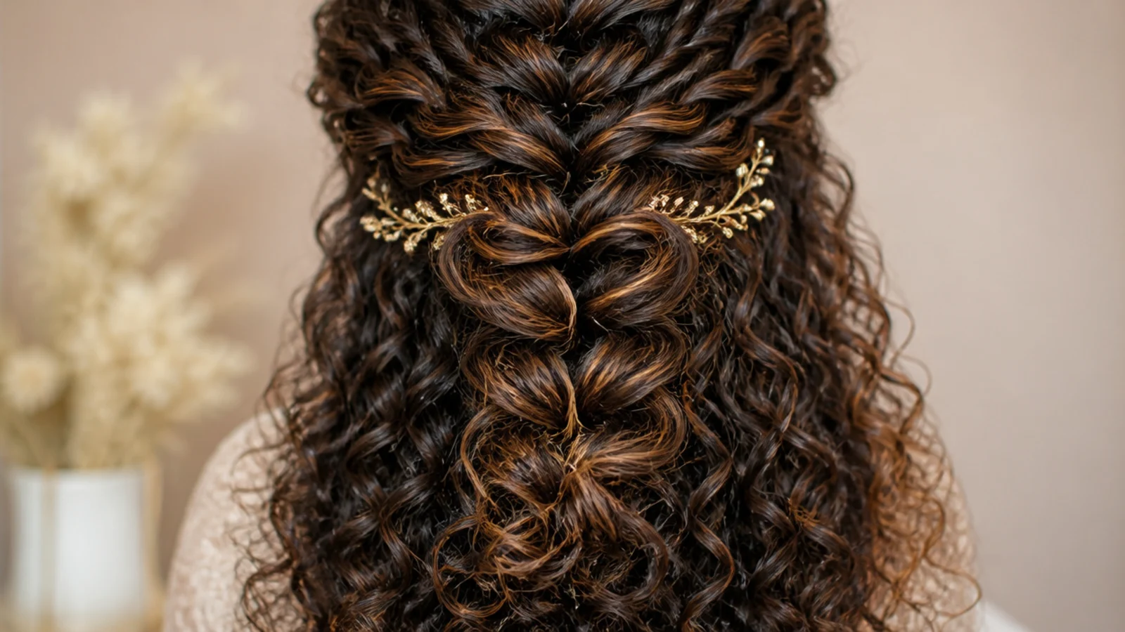 Mermaid braid worked into natural 3A curls with defined coils showing through the fanned braid