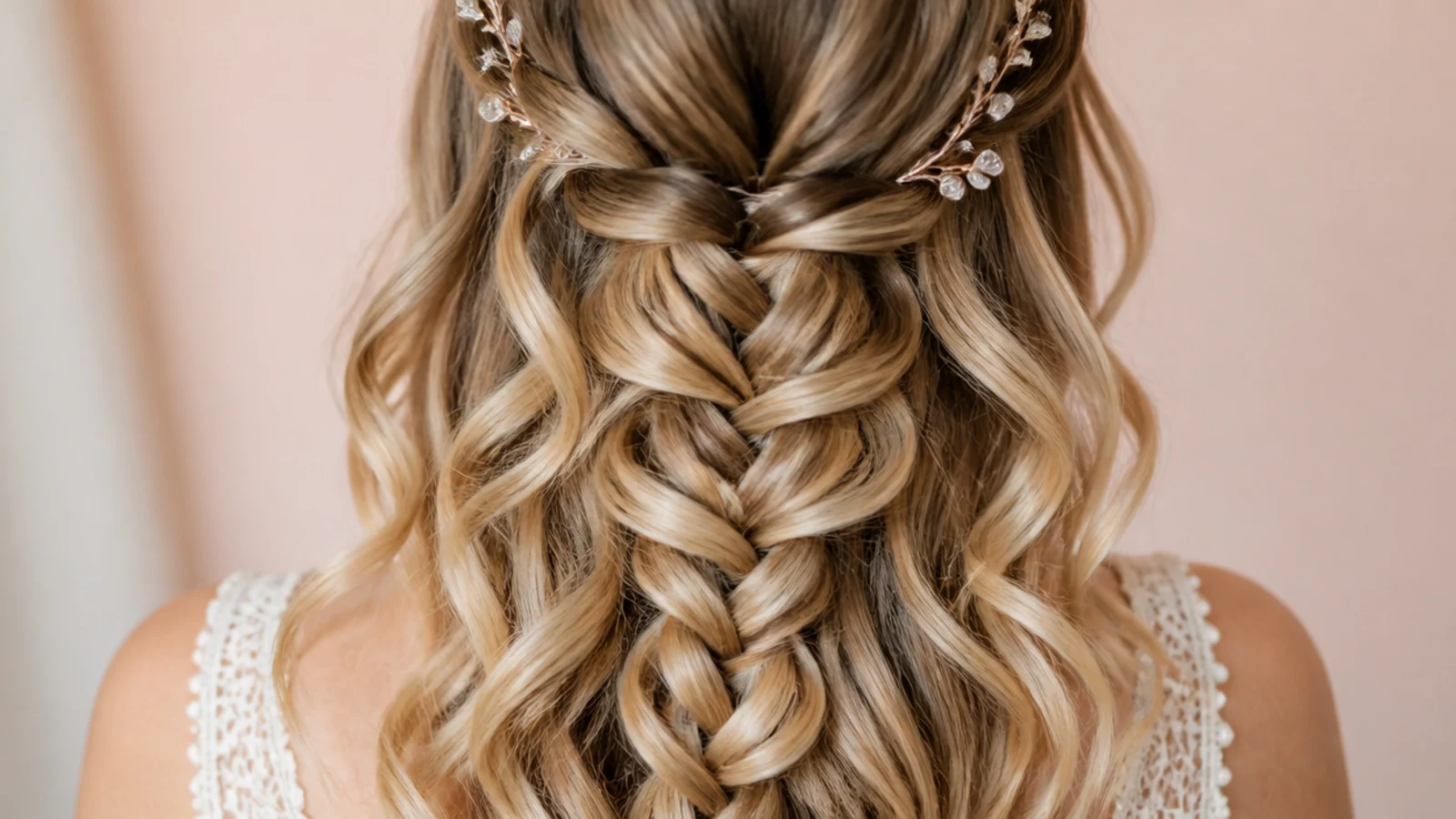 Waterfall mermaid braid with curled sections dropping free through the braid across the back