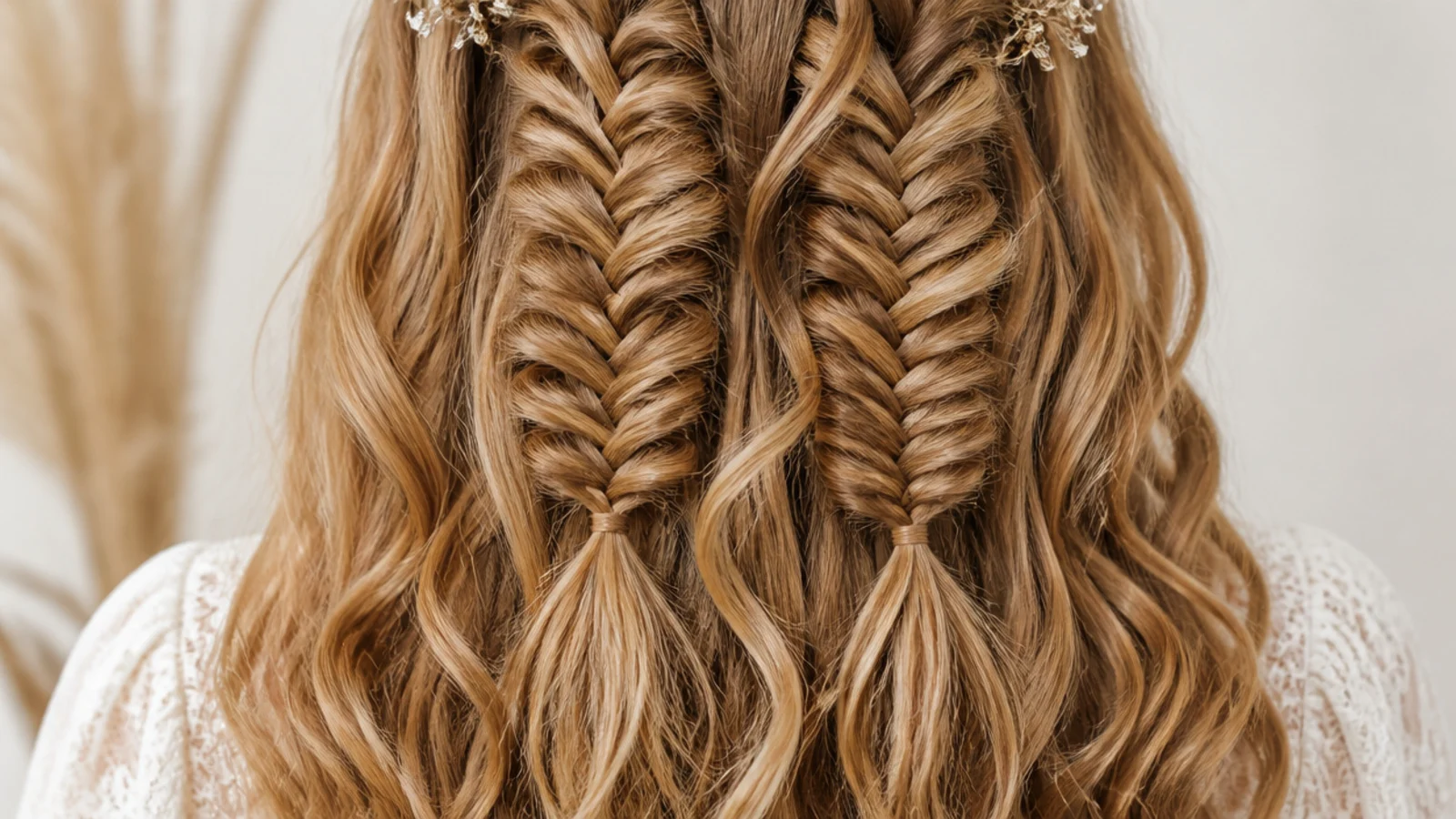 Two thin mermaid braids running down the back with loose curls falling between and around them