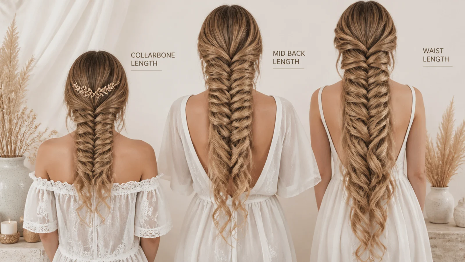 Three mermaid braids with loose curls shown at collarbone, mid back and waist length