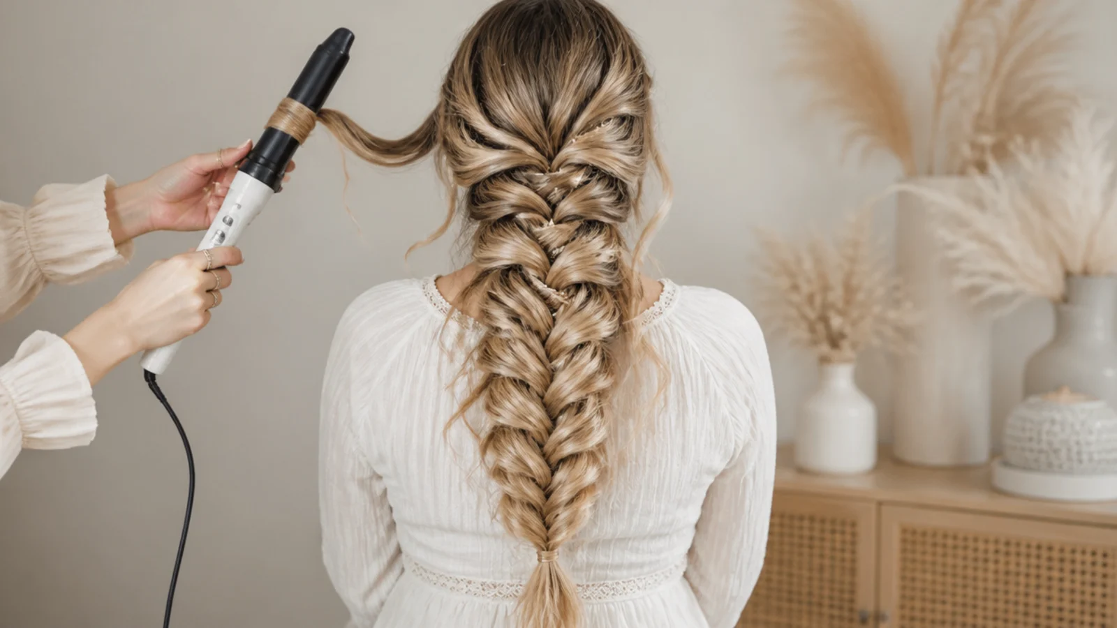 Sectioned hair being curled with a 1.25 inch wand before being braided into a mermaid braid