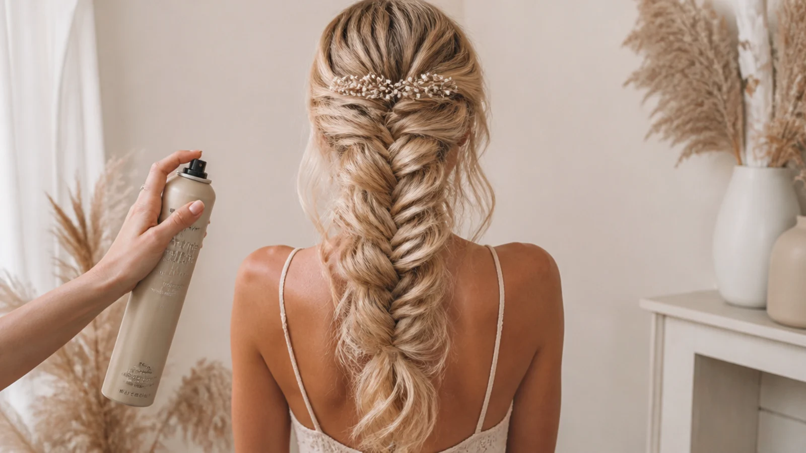 Fine blonde hair with texture spray being braided into a mermaid braid with loose curls