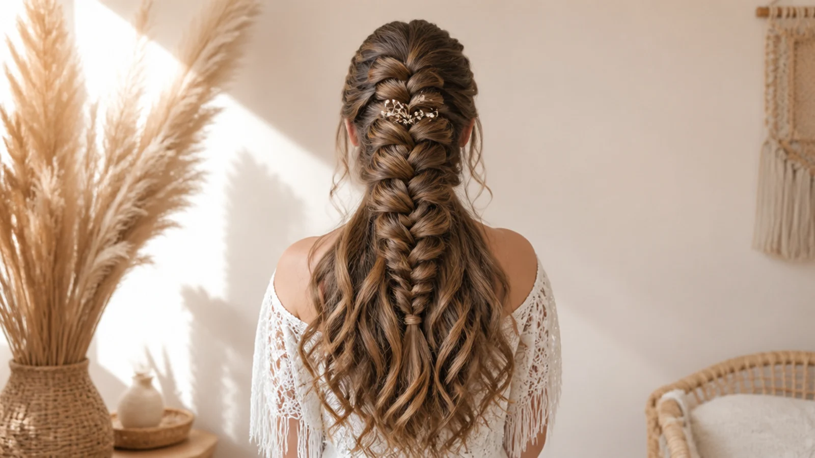 Wide pancaked mermaid braid with loose curls fanning out down long caramel brown hair