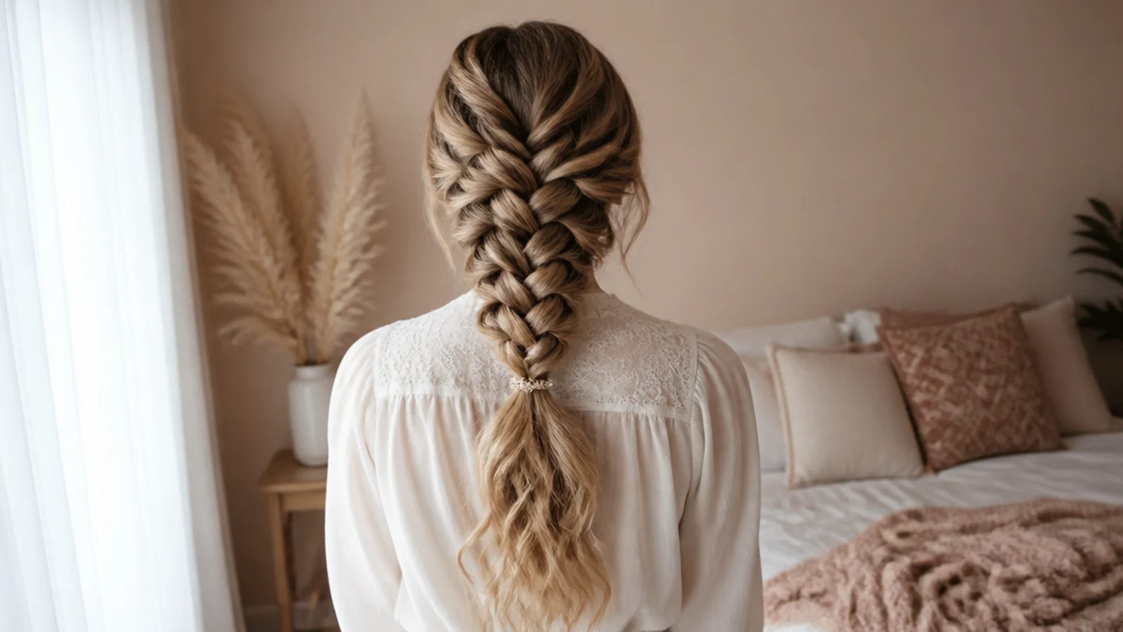 Mermaid braid with loose curls loosely retied for sleeping to create next day waves