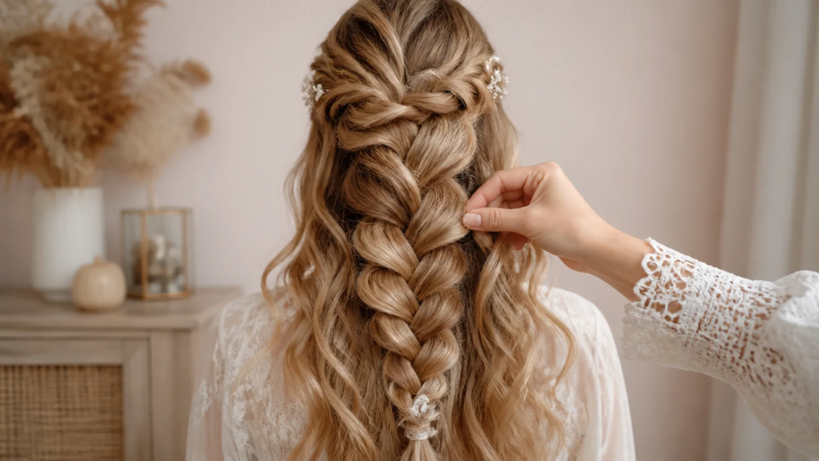 Fingers tugging the outer edge of a mermaid braid crossover to pancake it wider over curls