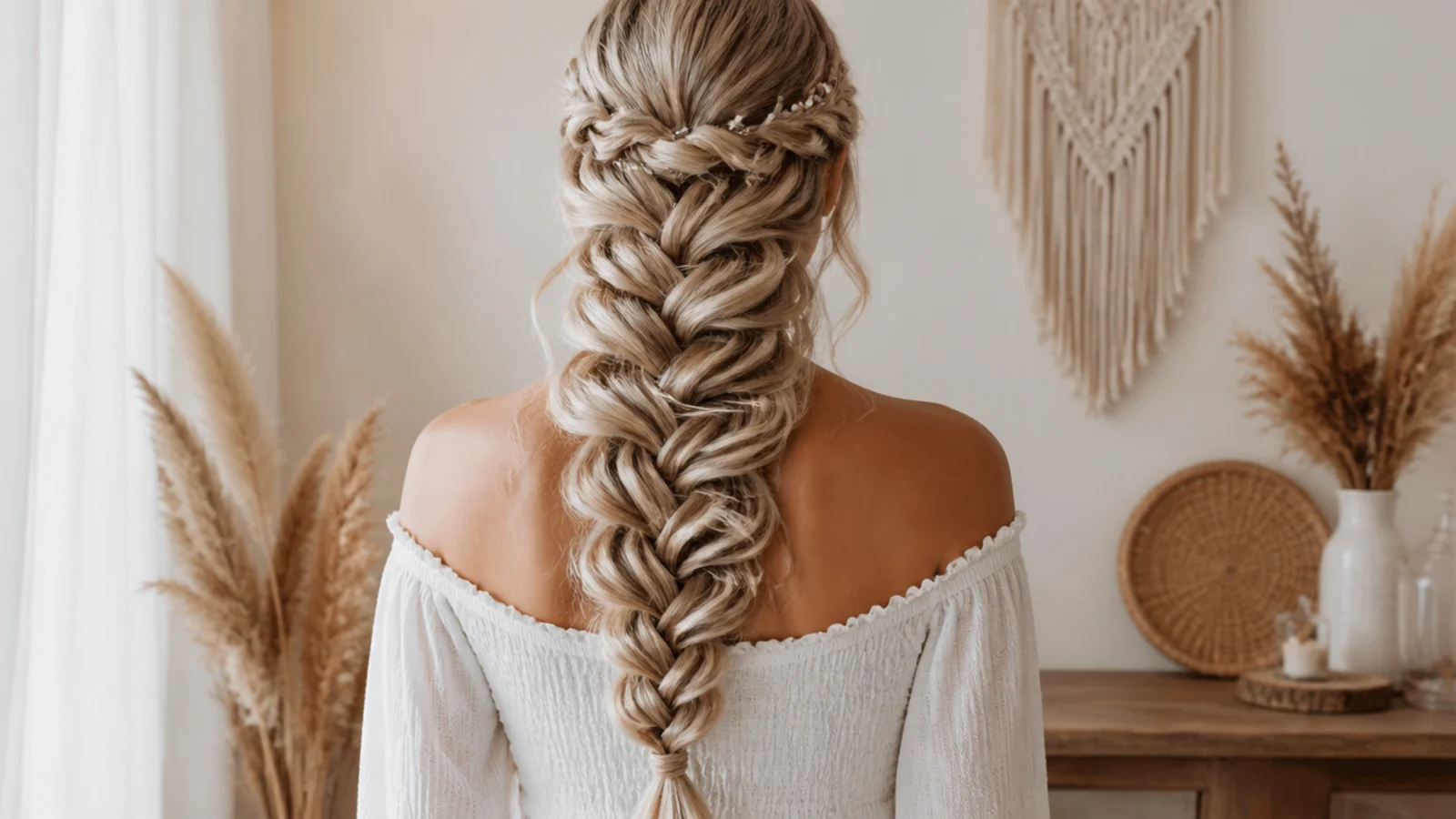 Close up of a wide pancaked mermaid braid showing loose curls filling each crossover section