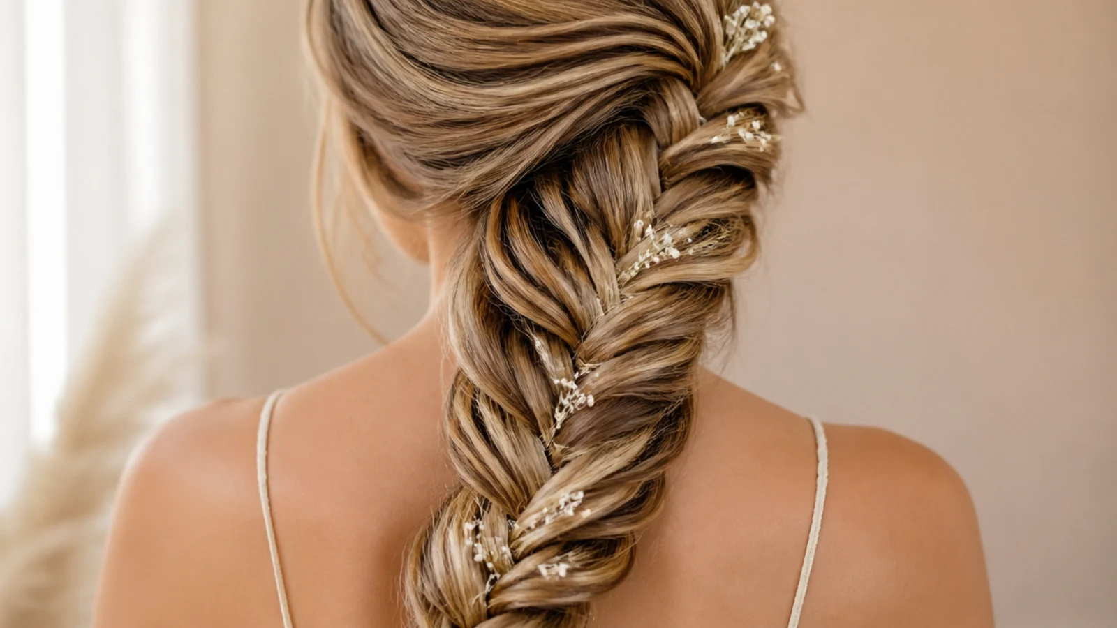 Side swept mermaid braid for prom pulled over one shoulder from a deep side part