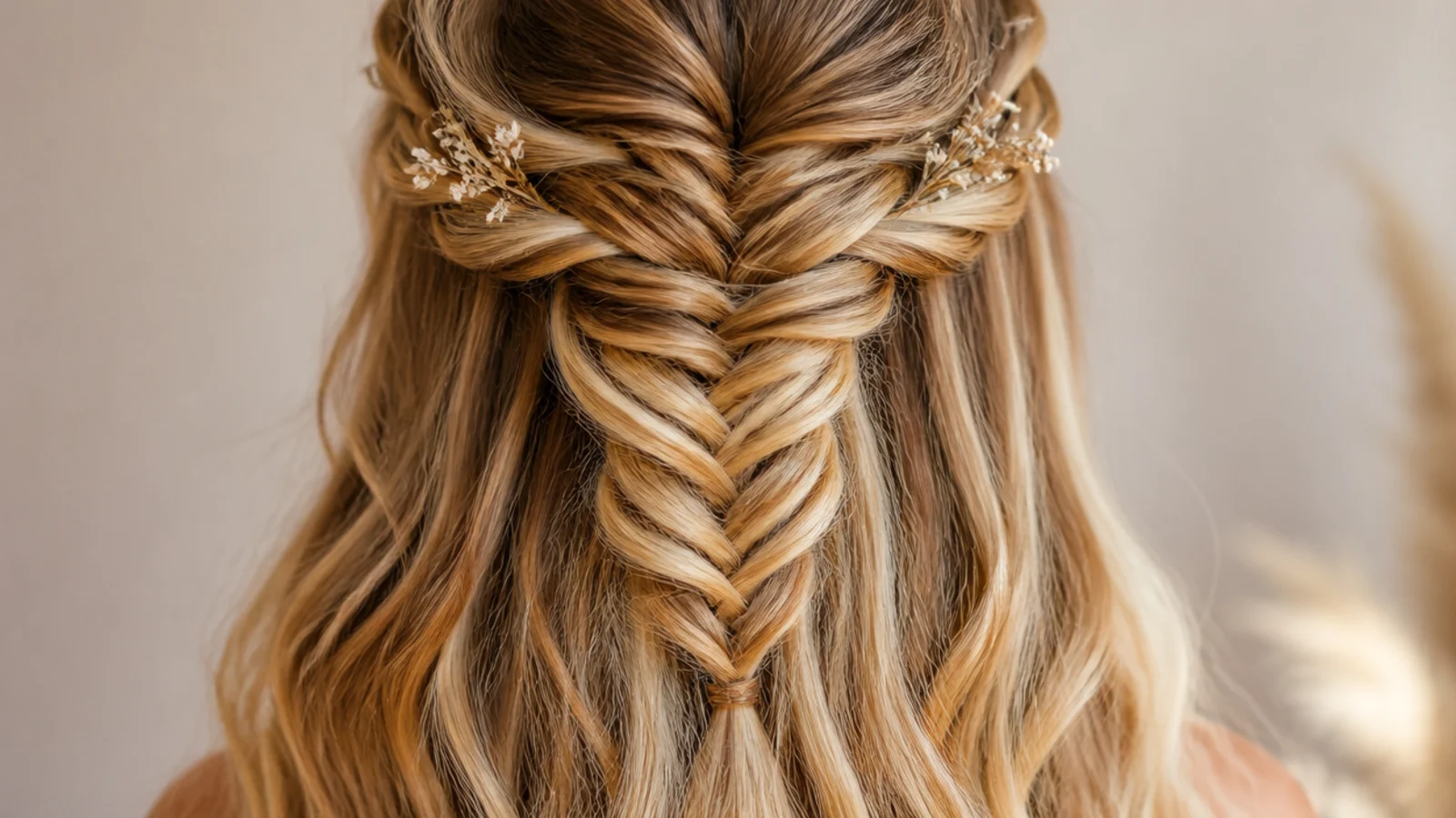 Half up mermaid braid for prom at the crown with loose curls left down underneath