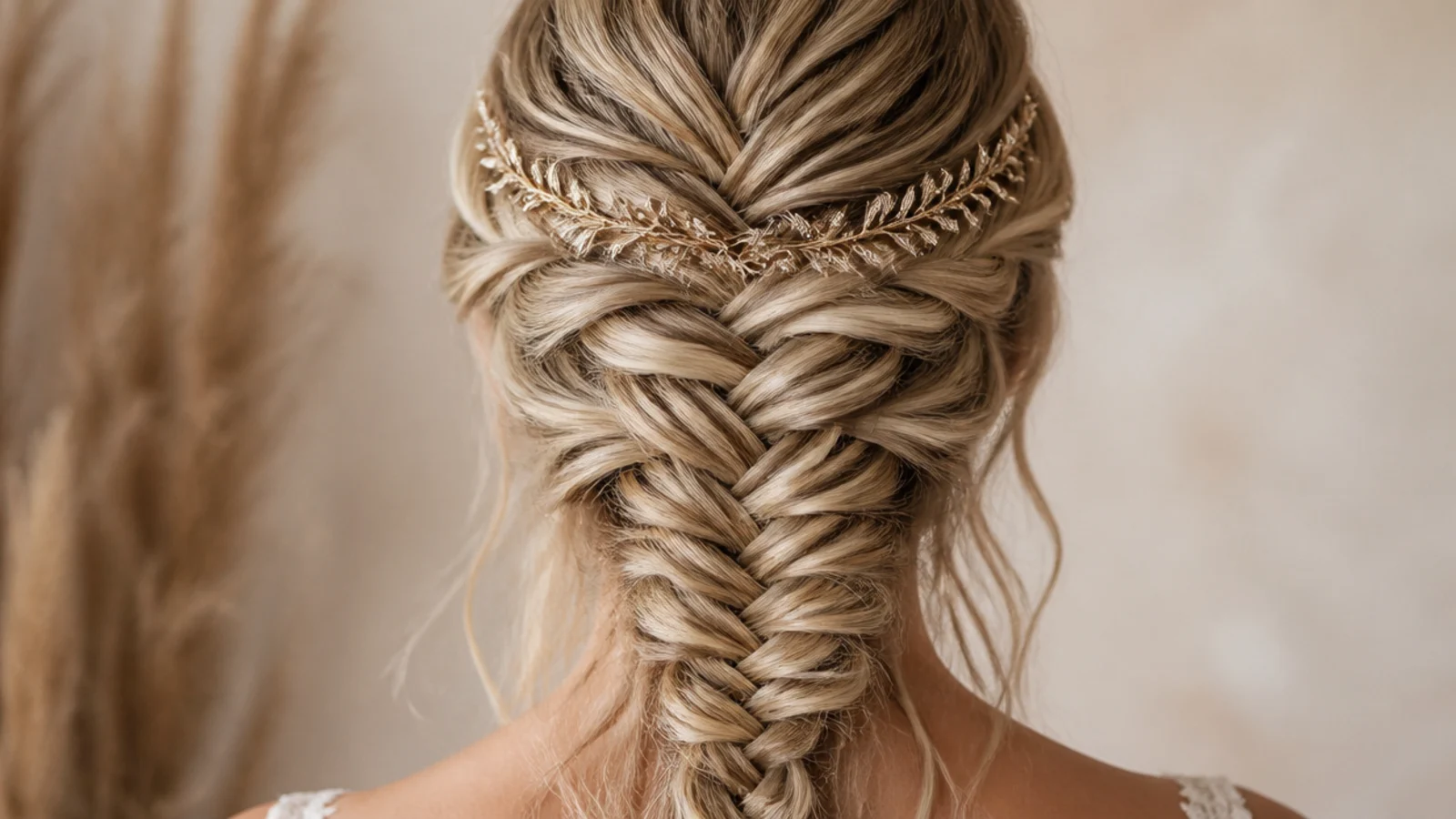 Mermaid crown braid wrapped around the head for prom with pancaked fanned edges