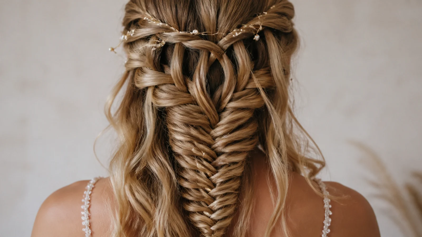 Waterfall mermaid braid for prom with dropped strands falling into a fishtail at the back
