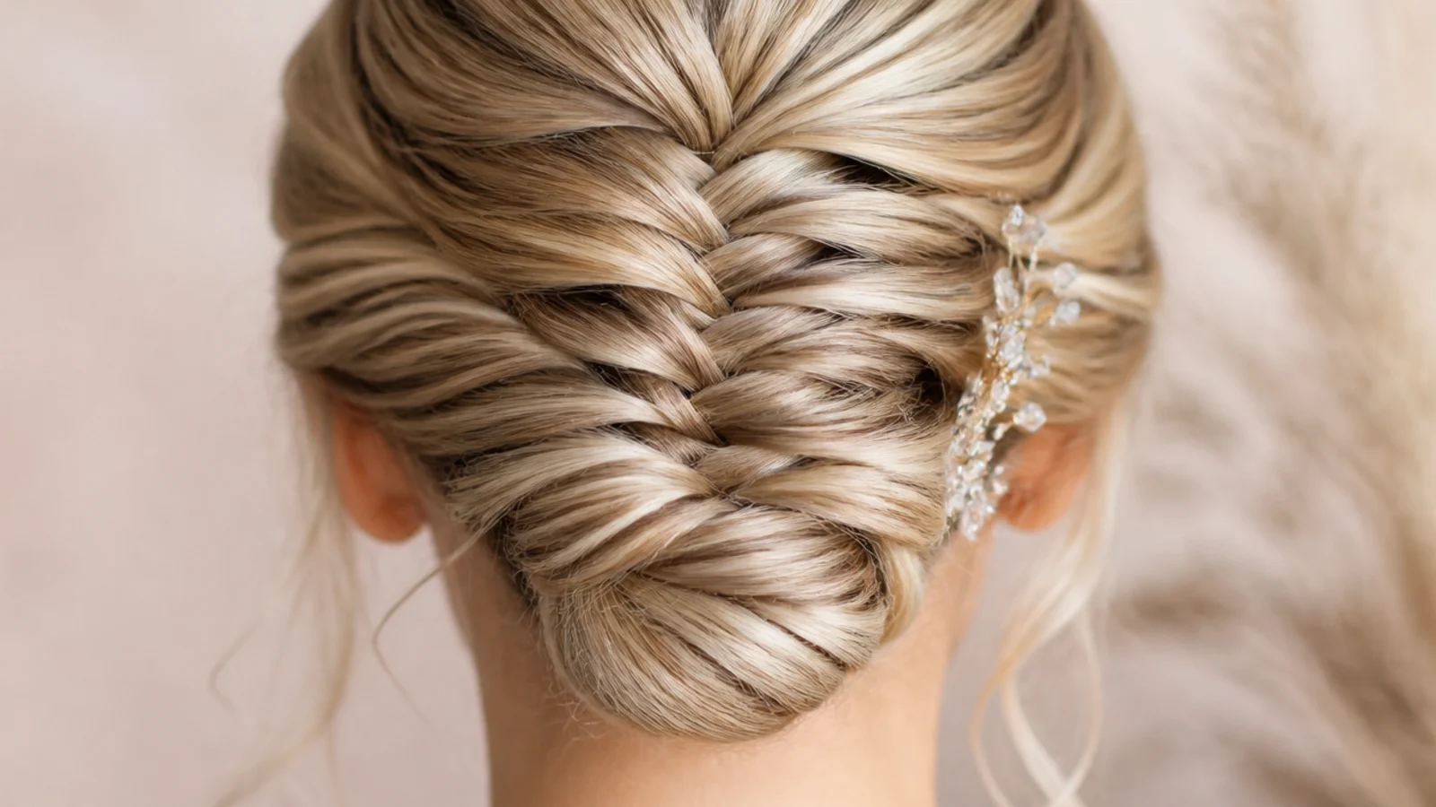Low mermaid braid coiled into a bun at the nape for a high neck prom dress