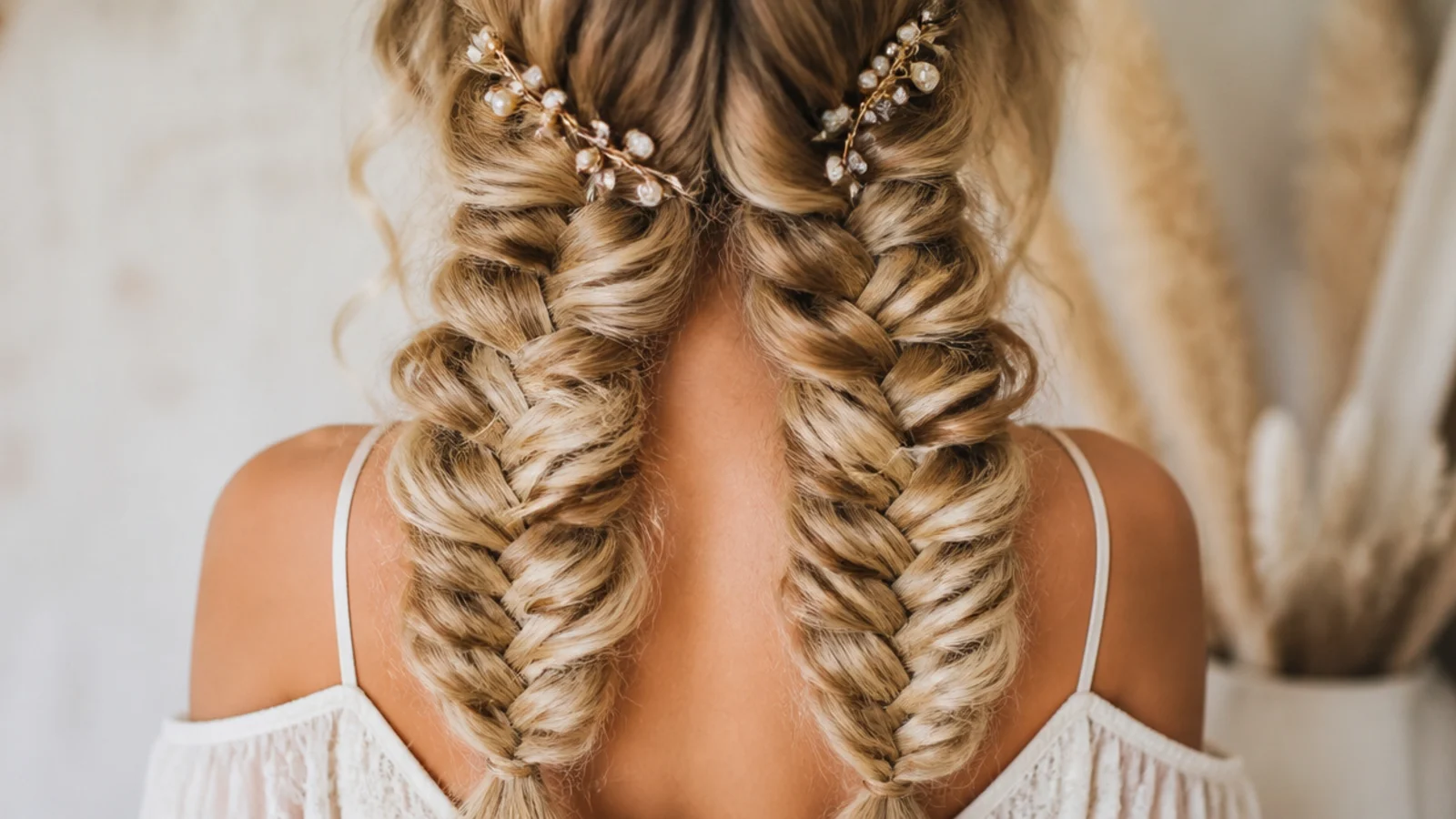 Two symmetrical mermaid braids for prom falling over both shoulders, pancaked wide