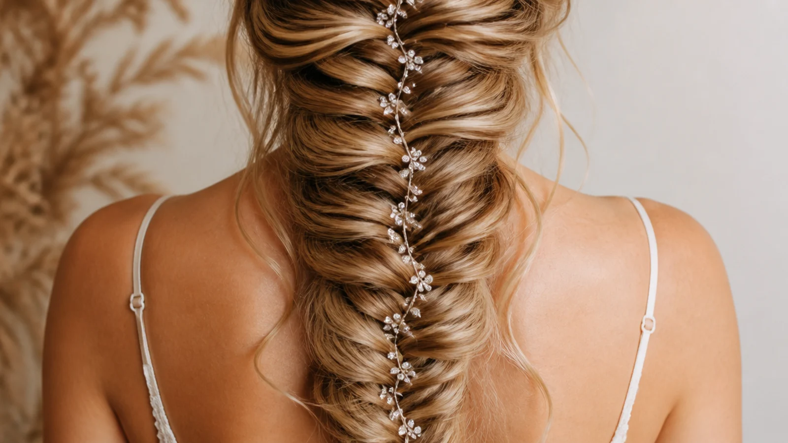 Prom mermaid braid threaded with a flexible rhinestone hair vine along the fanned crossovers