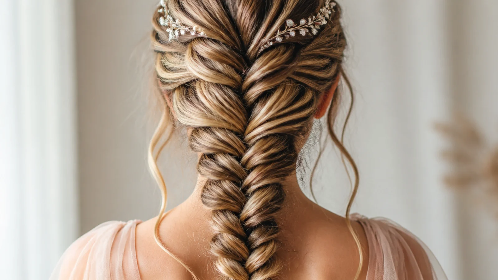 Boho mermaid braid for prom with loose curled tendrils pulled out at the temples