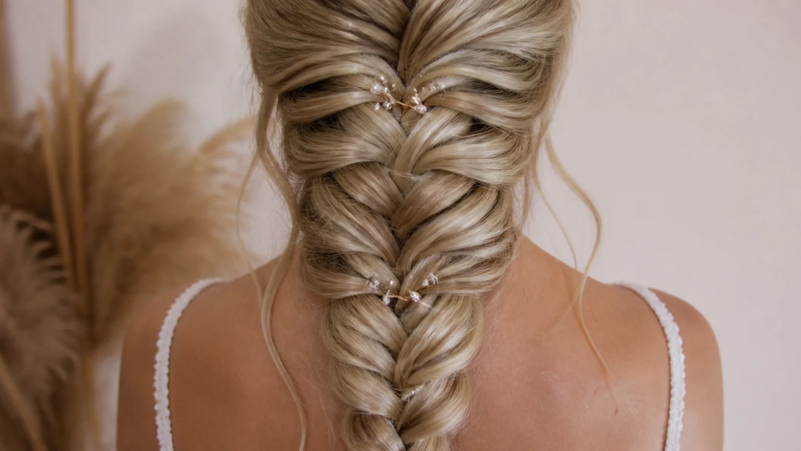 Fine blonde hair in a prom mermaid braid built up with texture spray for grip and width