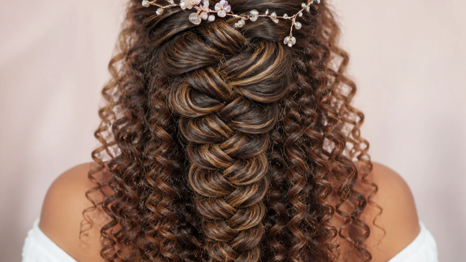 Prom mermaid braid on natural curly hair with defined coils along the fanned edges