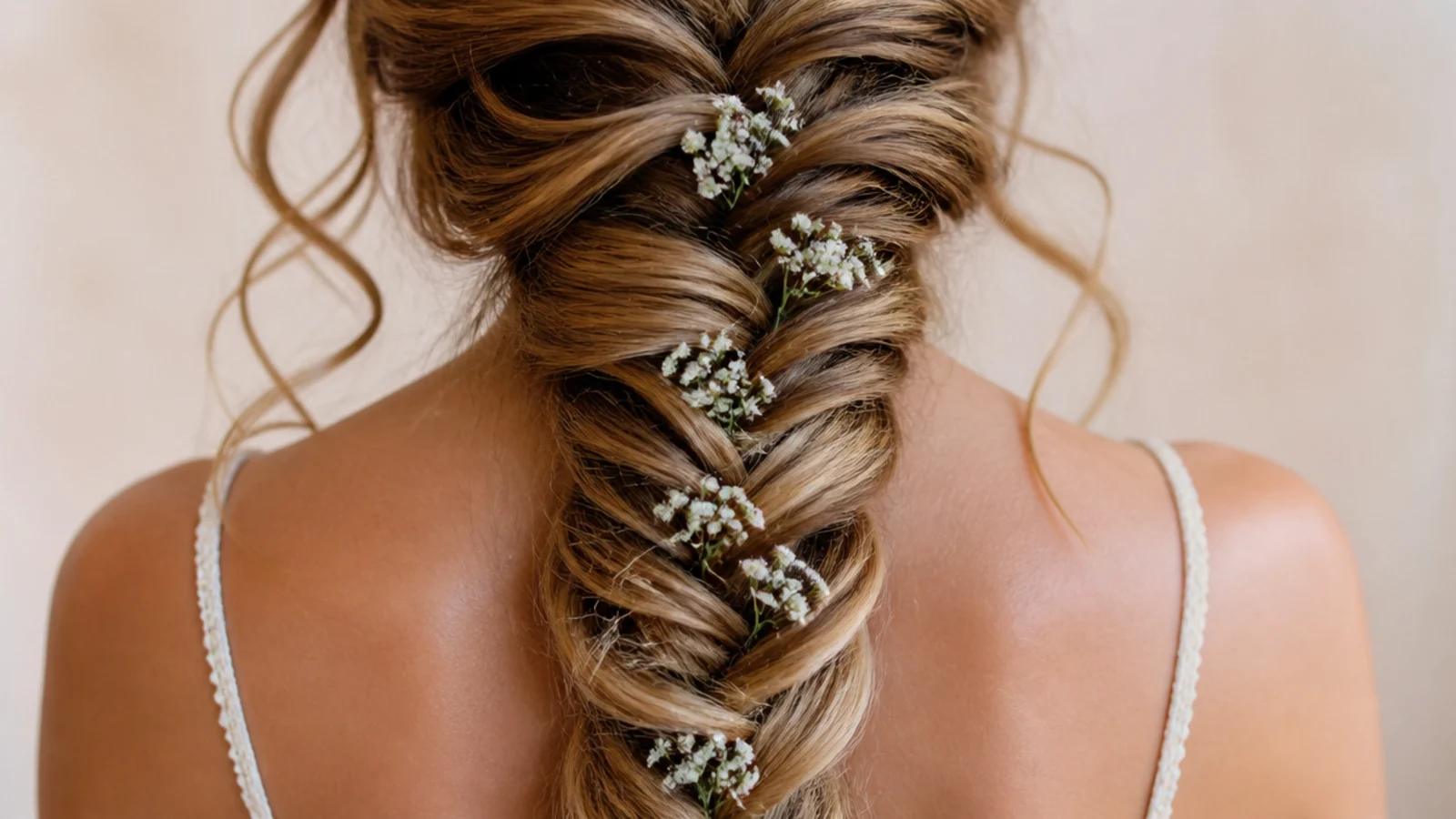 Prom mermaid braid dotted with small white baby's breath sprigs tucked into the fanned gaps