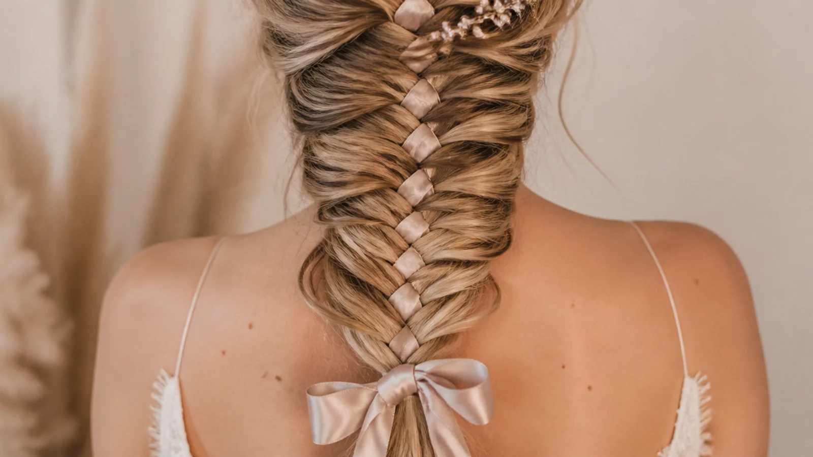 Satin ribbon woven through a prom mermaid braid and tied at the tail in a bow