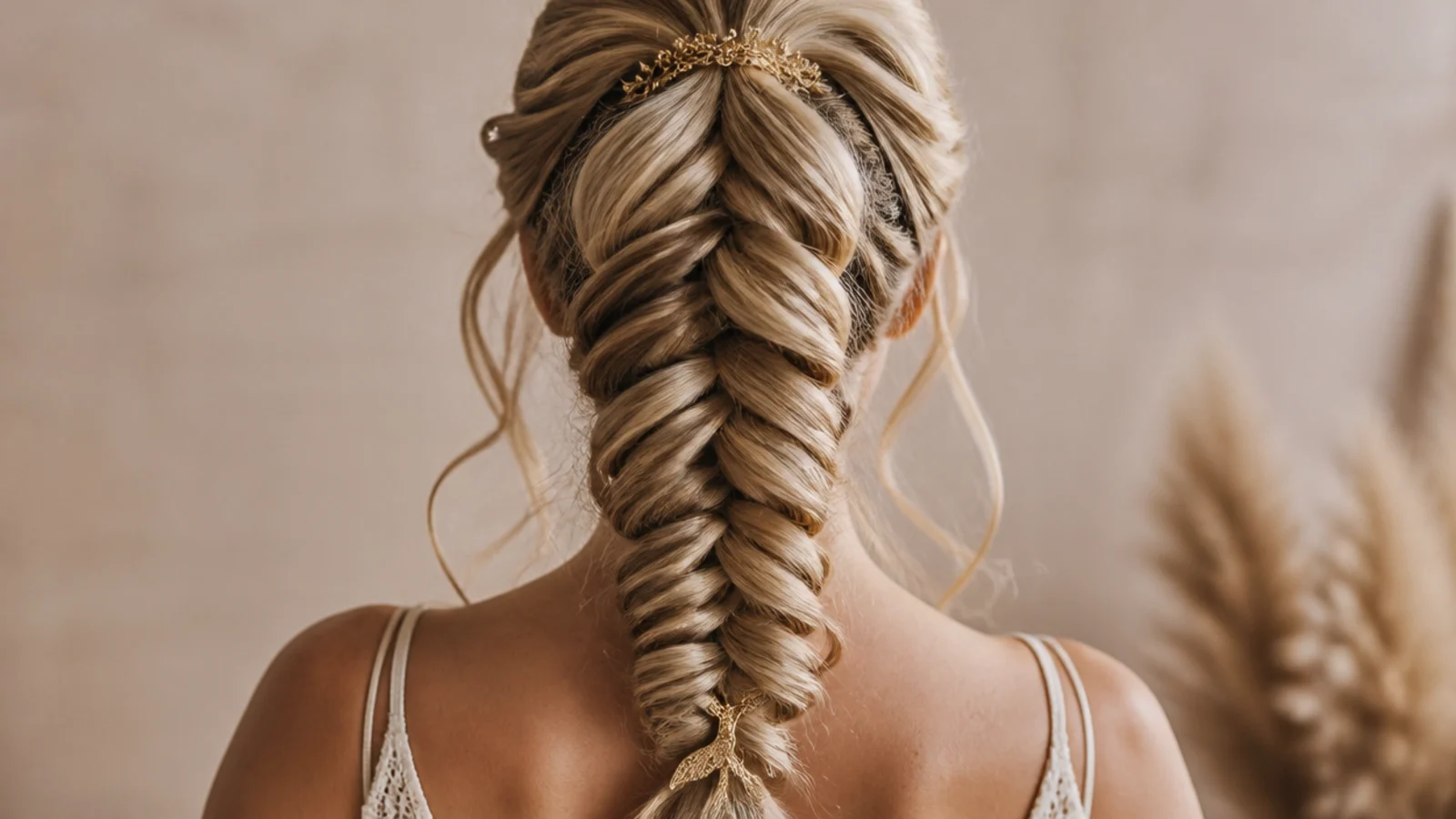High ponytail finished as a pancaked mermaid braid for dancing at prom