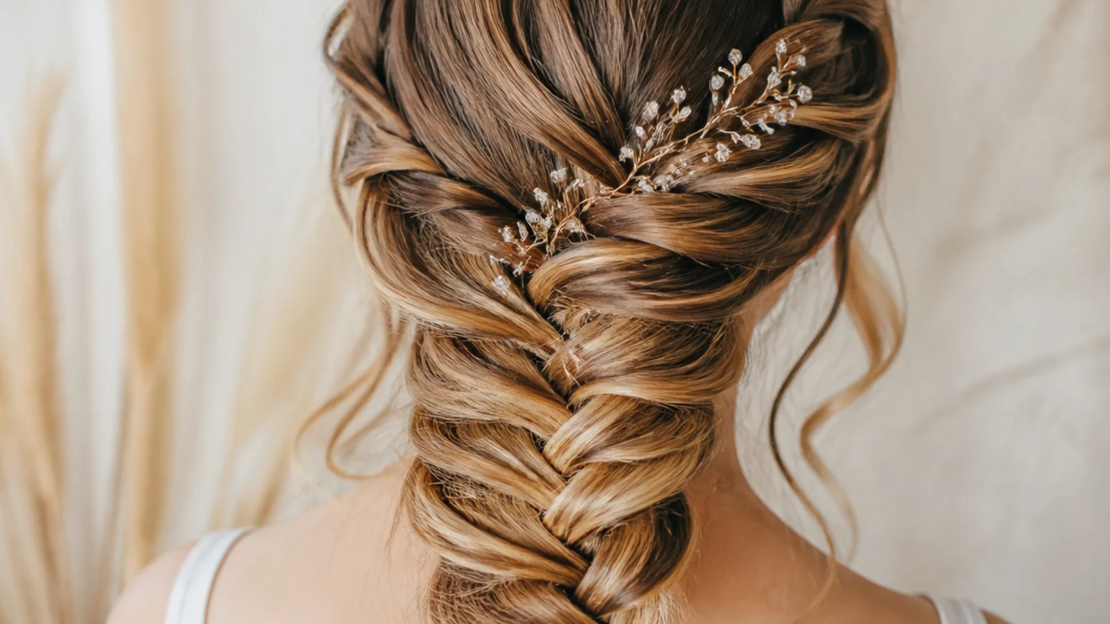 Deep side part mermaid braid for prom creating a diagonal line across a round face