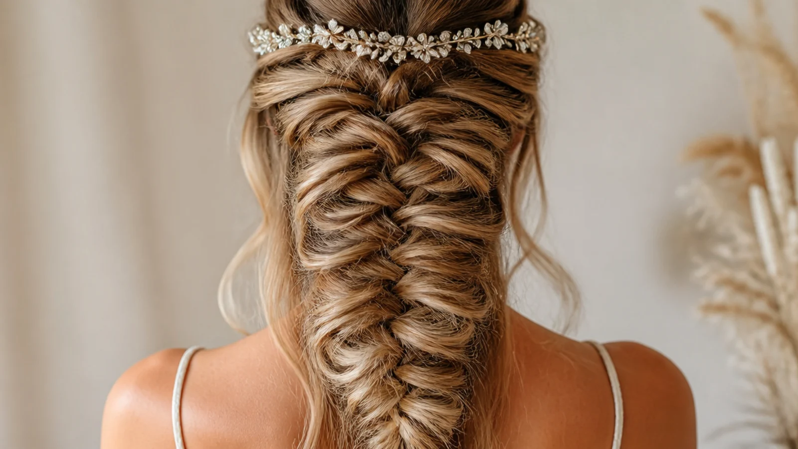 Crystal headband worn at the crown above a pancaked mermaid braid for prom
