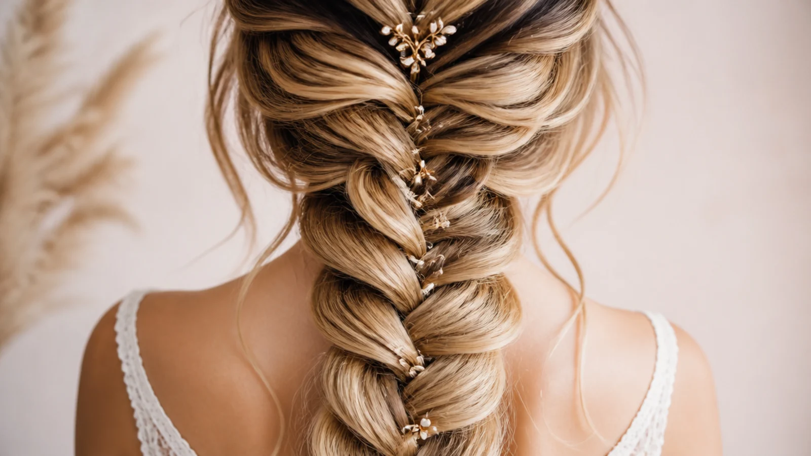 Balayage hair braided into a prom mermaid braid showing dark roots fanning into light ends