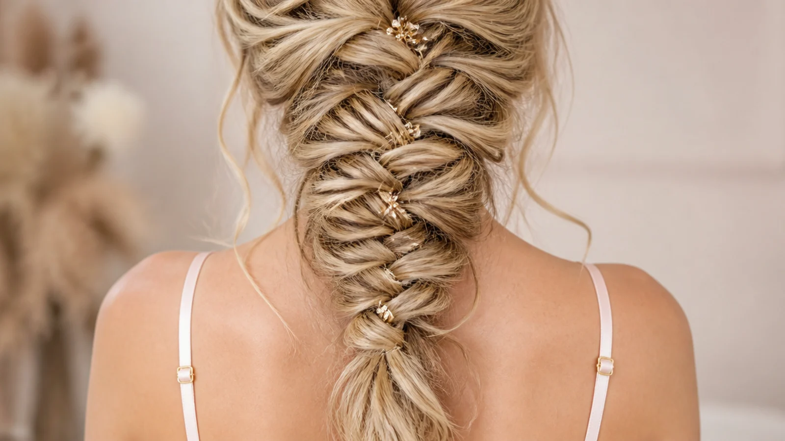 Deliberately messy prom mermaid braid with loosened crossovers and pulled out pieces