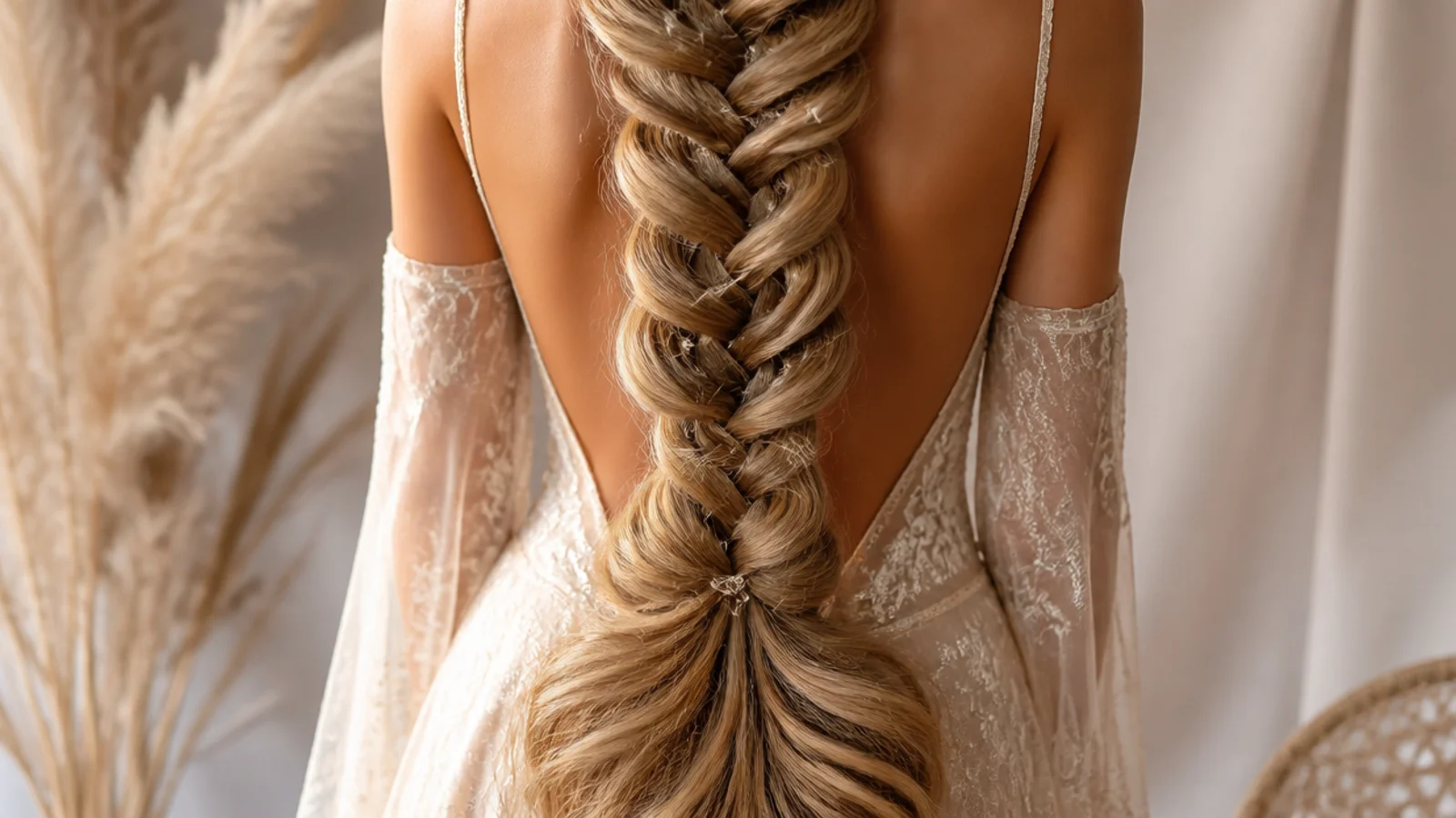Extra long prom mermaid braid falling past the waist with a wide fanned pancaked tail