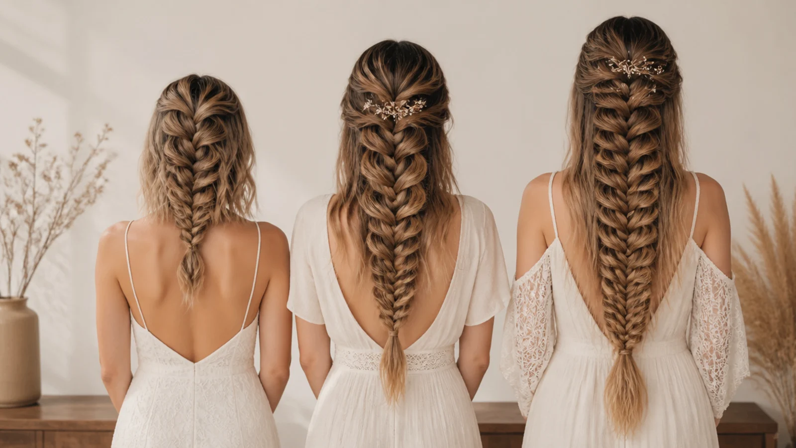 Prom mermaid braids compared on shoulder length, mid back and waist length hair