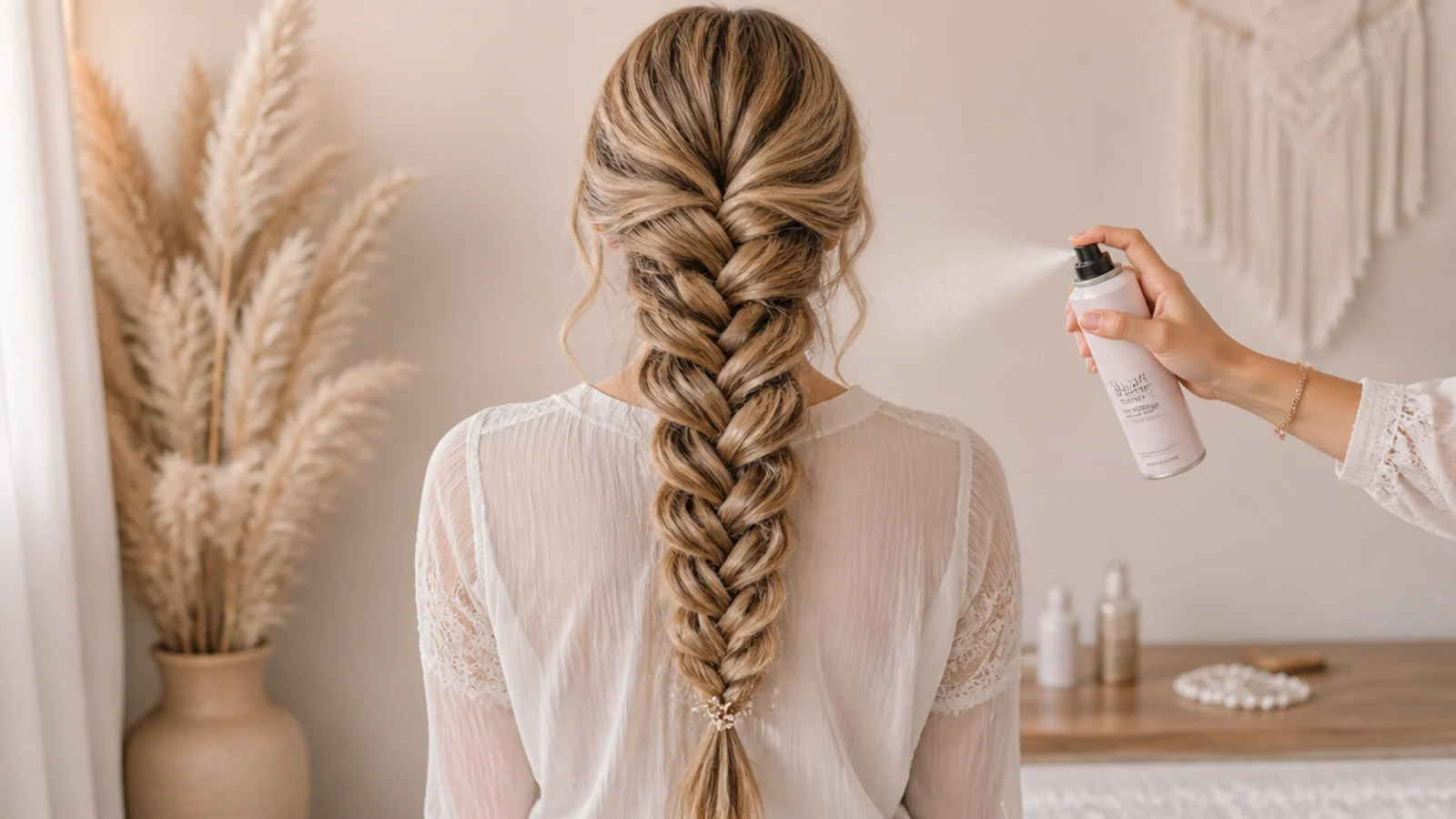 Fine freshly washed hair being prepped with texture spray before a prom mermaid braid