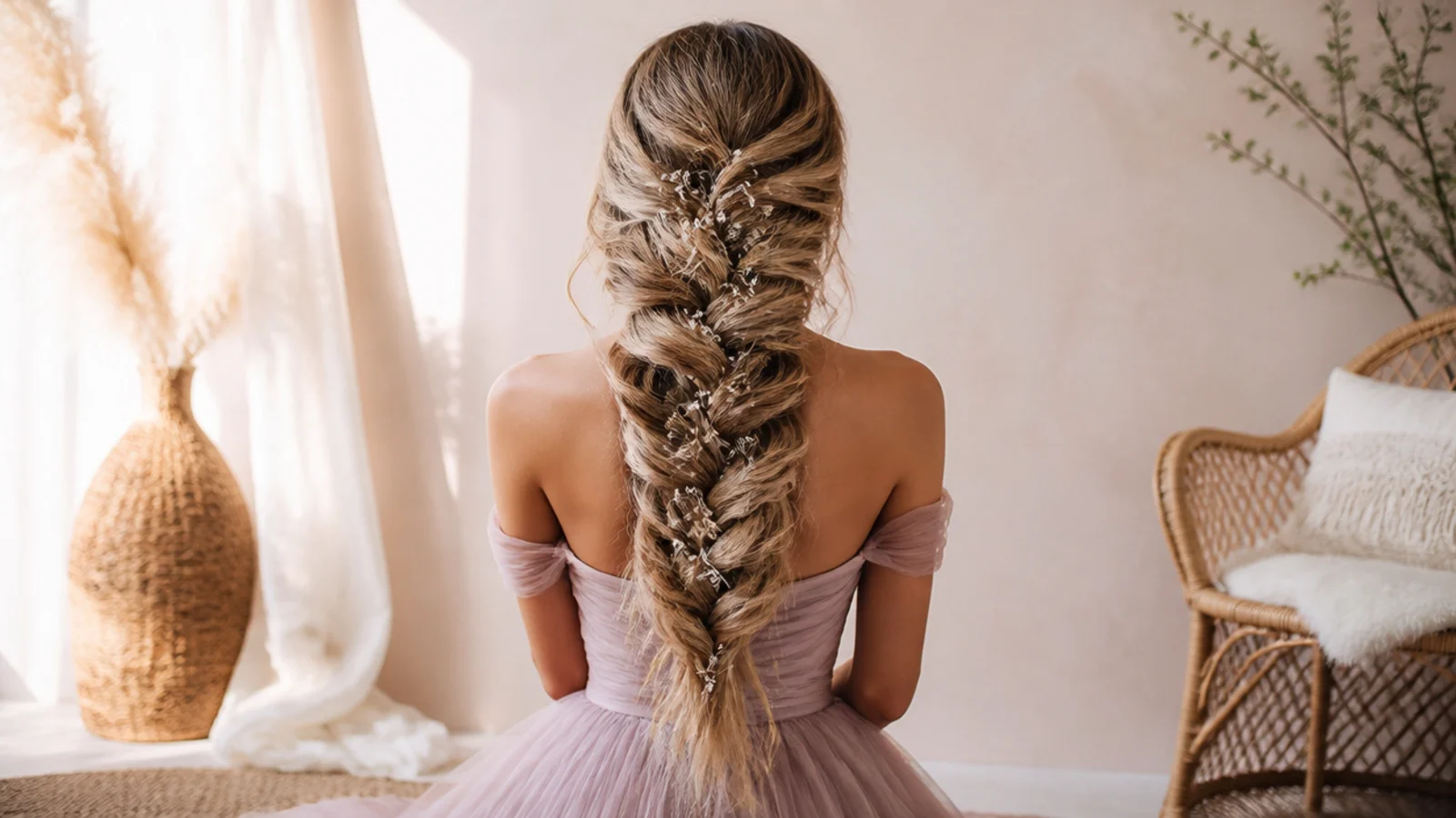 Romantic mermaid braid for prom pancaked wide over one shoulder with a rhinestone hair vine