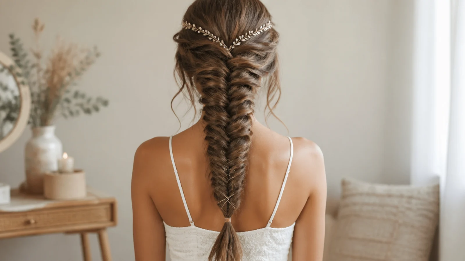 Clear elastic and crossed bobby pins securing a prom mermaid braid to last all night