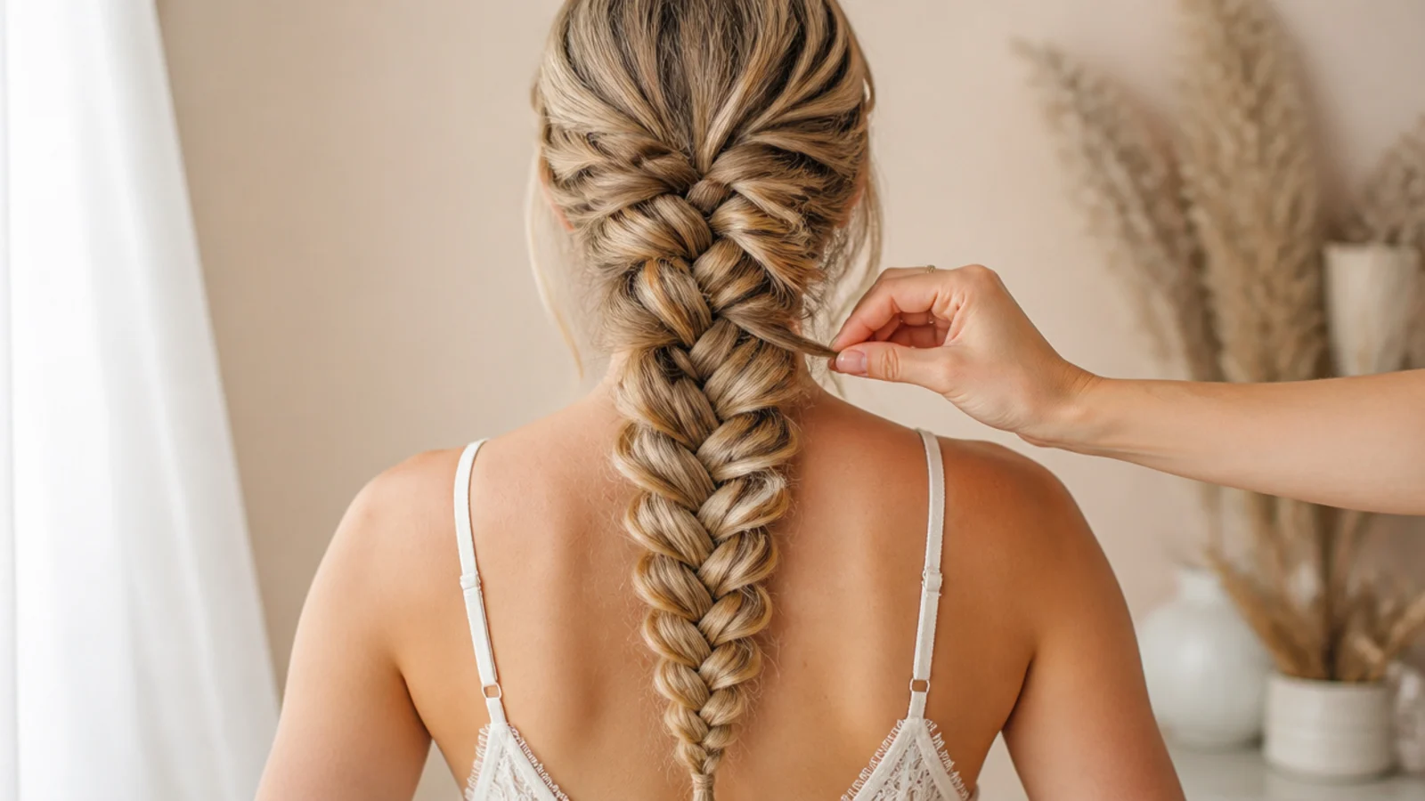 Fingers tugging the outer edge of a prom mermaid braid crossover to pancake it wider