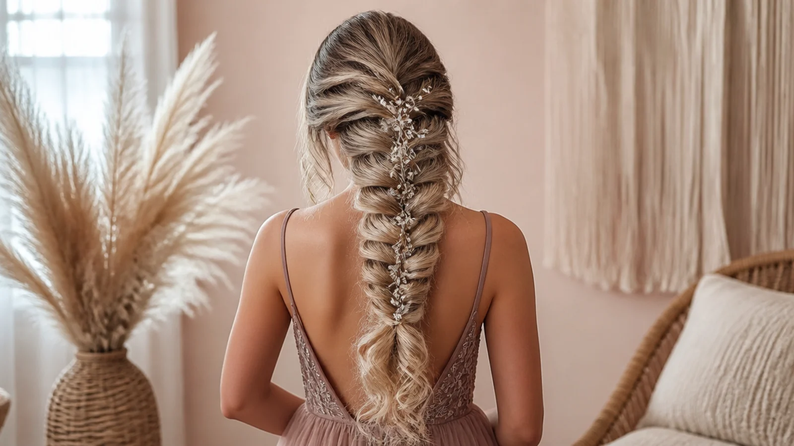 Prom mermaid braid finished with waves, a rhinestone vine and pulled out face framing pieces