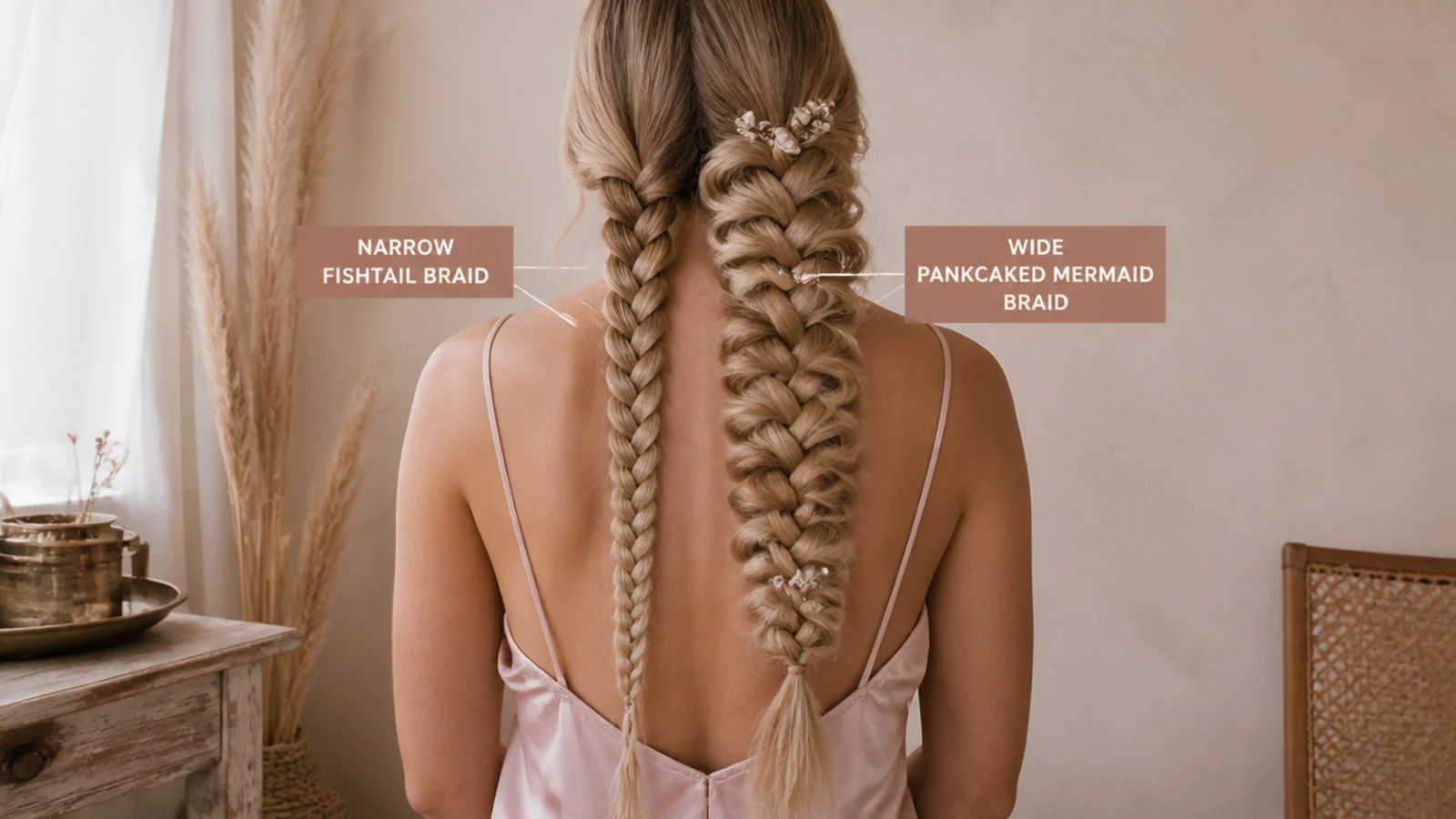 Side by side of a narrow fishtail braid and a wide pancaked mermaid braid styled for prom