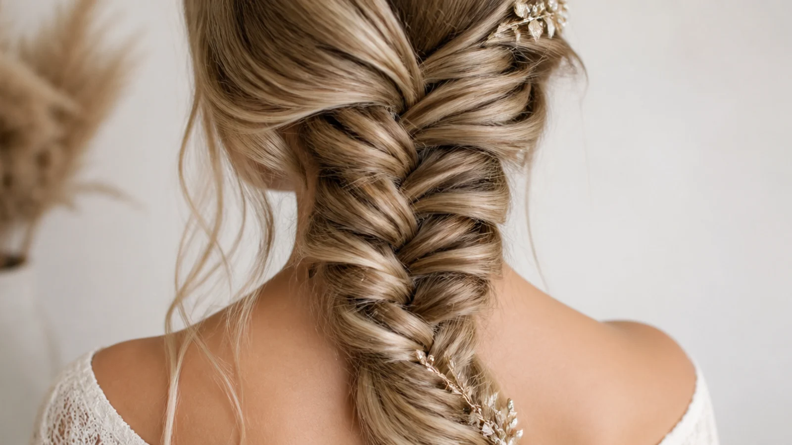 Deep side mermaid braid pulled over one shoulder with a deep part and pancaked outer edge