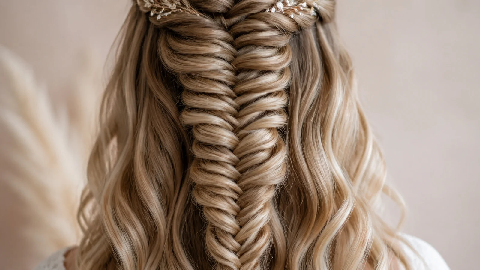Half up mermaid braid taking the top section back into a pancaked fishtail over loose waves